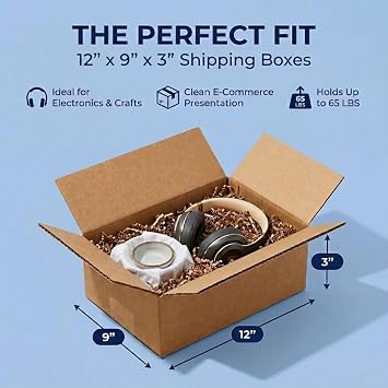 BOX USA 1293 Flat Corrugated Cardboard Box 12 L x 9 W x 3 H, Kraft, For Shipping, Packing and Moving (Pack of 25)