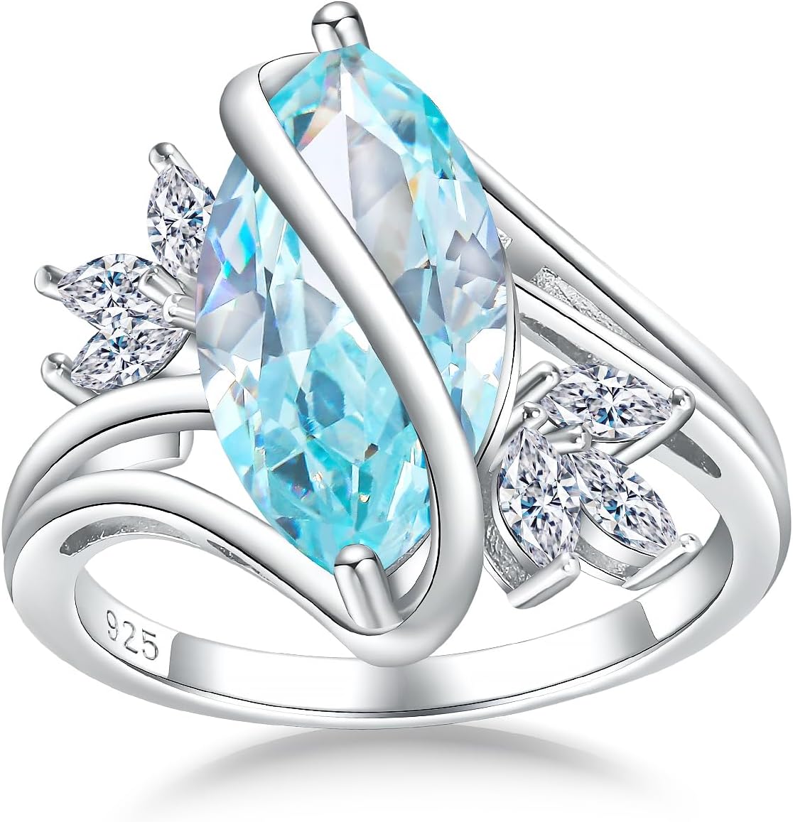 DAYBYDAY Sapphire/Ruby/Emerald/Aquamarine Ring, 925 Sterling Silver Marquise Cut Flower Engagement Rings for Women, 4 Carat Twist Promise Ring Size 6-10