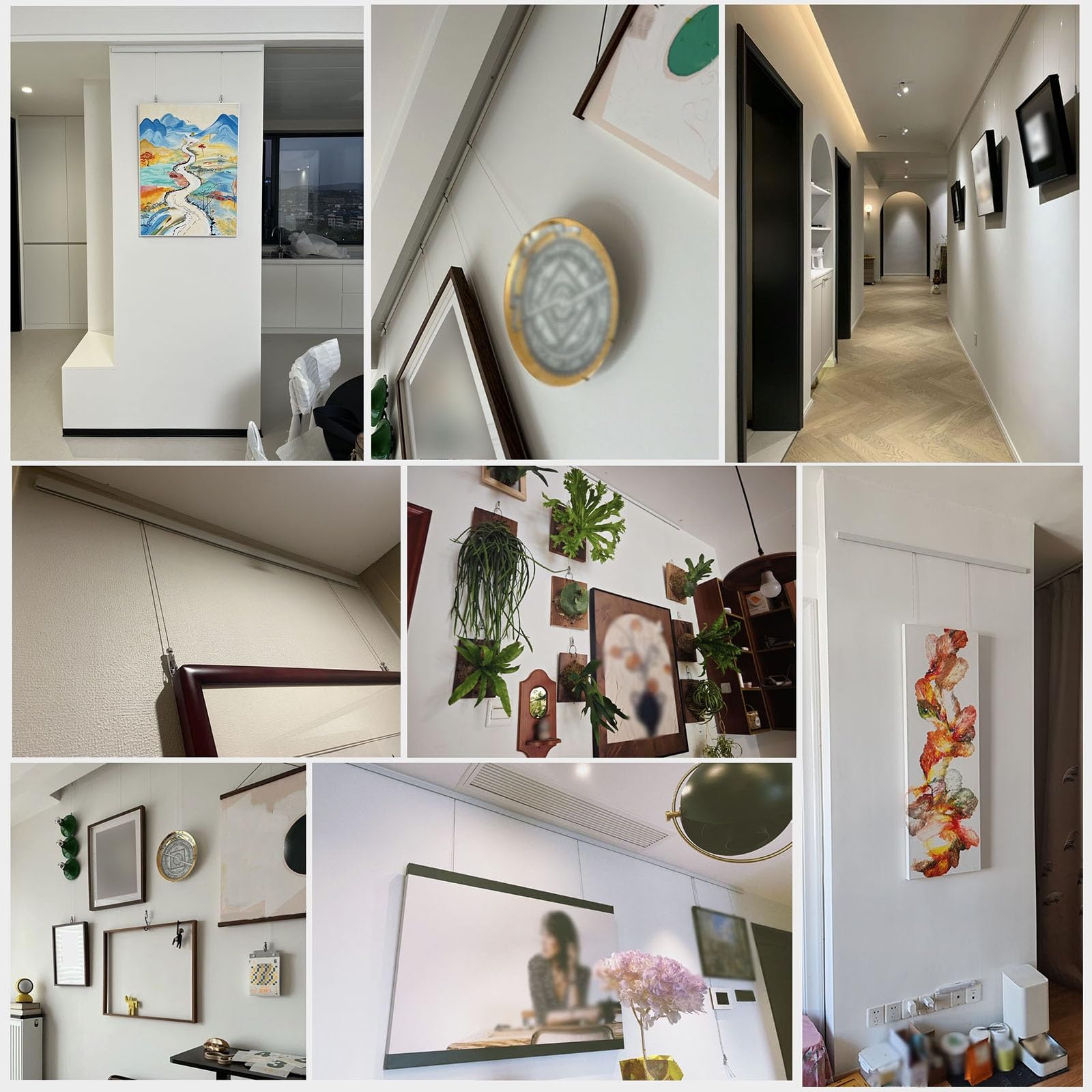 Riel para colgar cuadros, riel ajustable para exhibición de fotos con cuerda y gancho, para pinturas en lienzo y espejos grandes