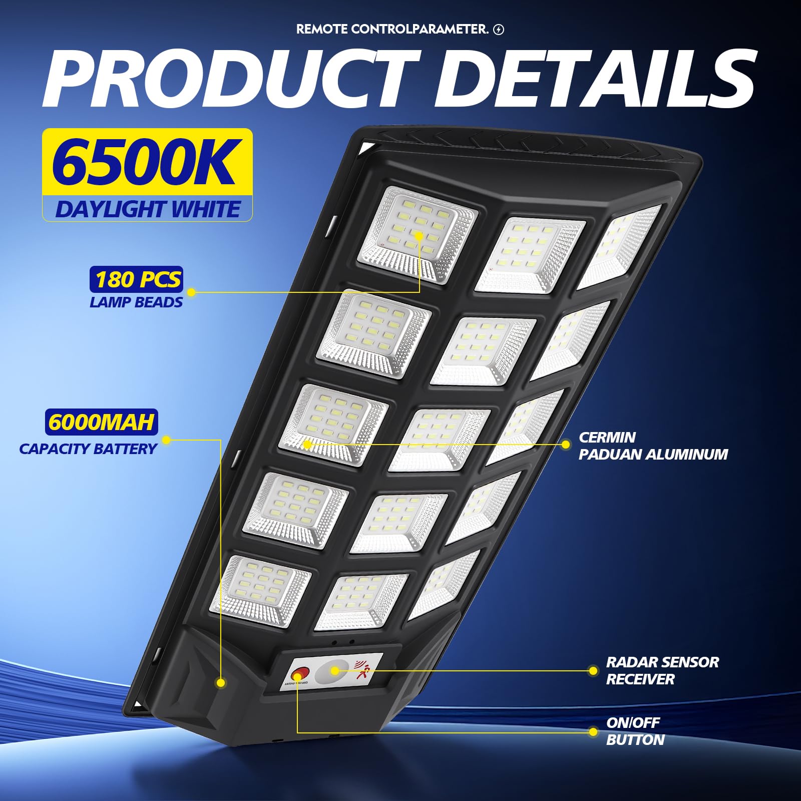 Lámparas solares de 1000 W para exteriores, 2 unidades con mando a distancia, 6500 K, farola solar de calle, crepúsculo hasta el amanecer, IP66, lámpara solar de camino al aire libre para
