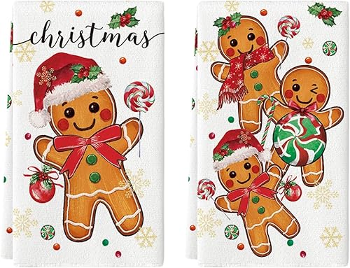 Artoid Mode Juego de 2 toallas de cocina de Navidad con caramelo de jengibre, 18 x 26 pulgadas, bola de Navidad, decoración de invierno, toallas de