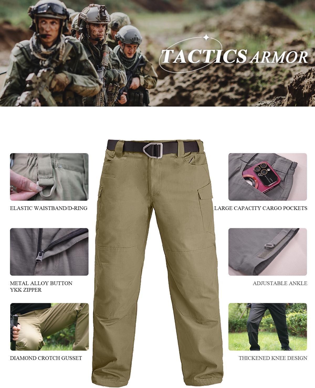 Men's Tactical Pants, Water Resistant Ripstop Military Pants, Work Hiking Pants with 9 Pockets - Image 4