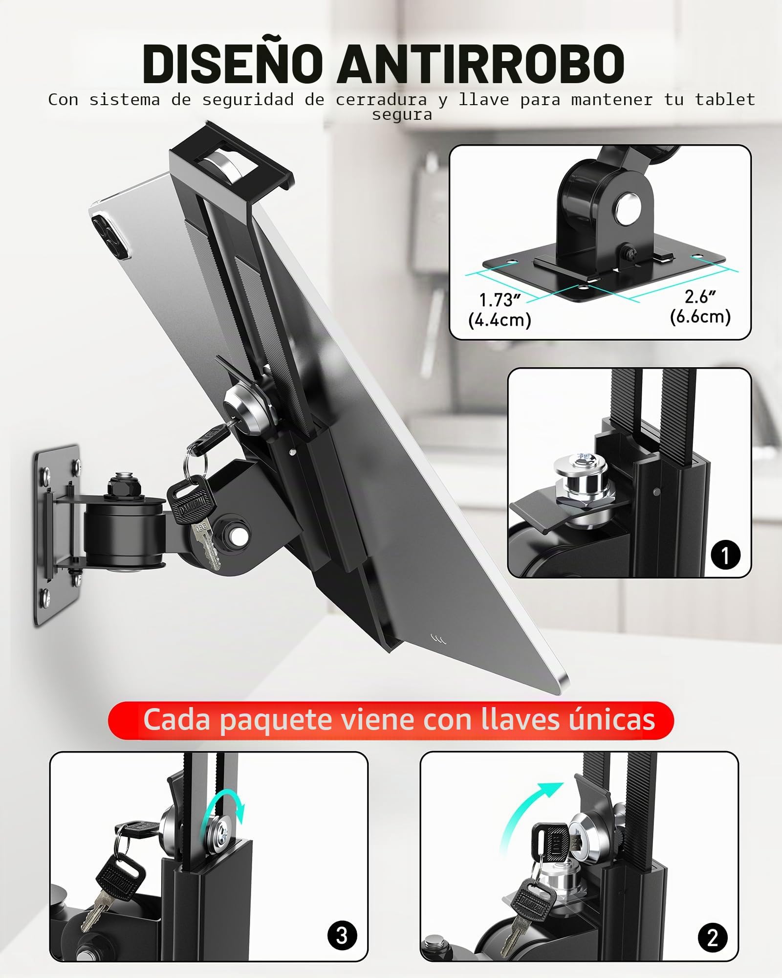 AboveTEK Soporte de Pared para Tablet Antirrobo iPad de 7 a 11 Pulgadas, Incluyendo iPad, Galaxy Tab, Pizarra, Fuego y más, Bloqueo de Seguridad antirrobo y Llave Negro