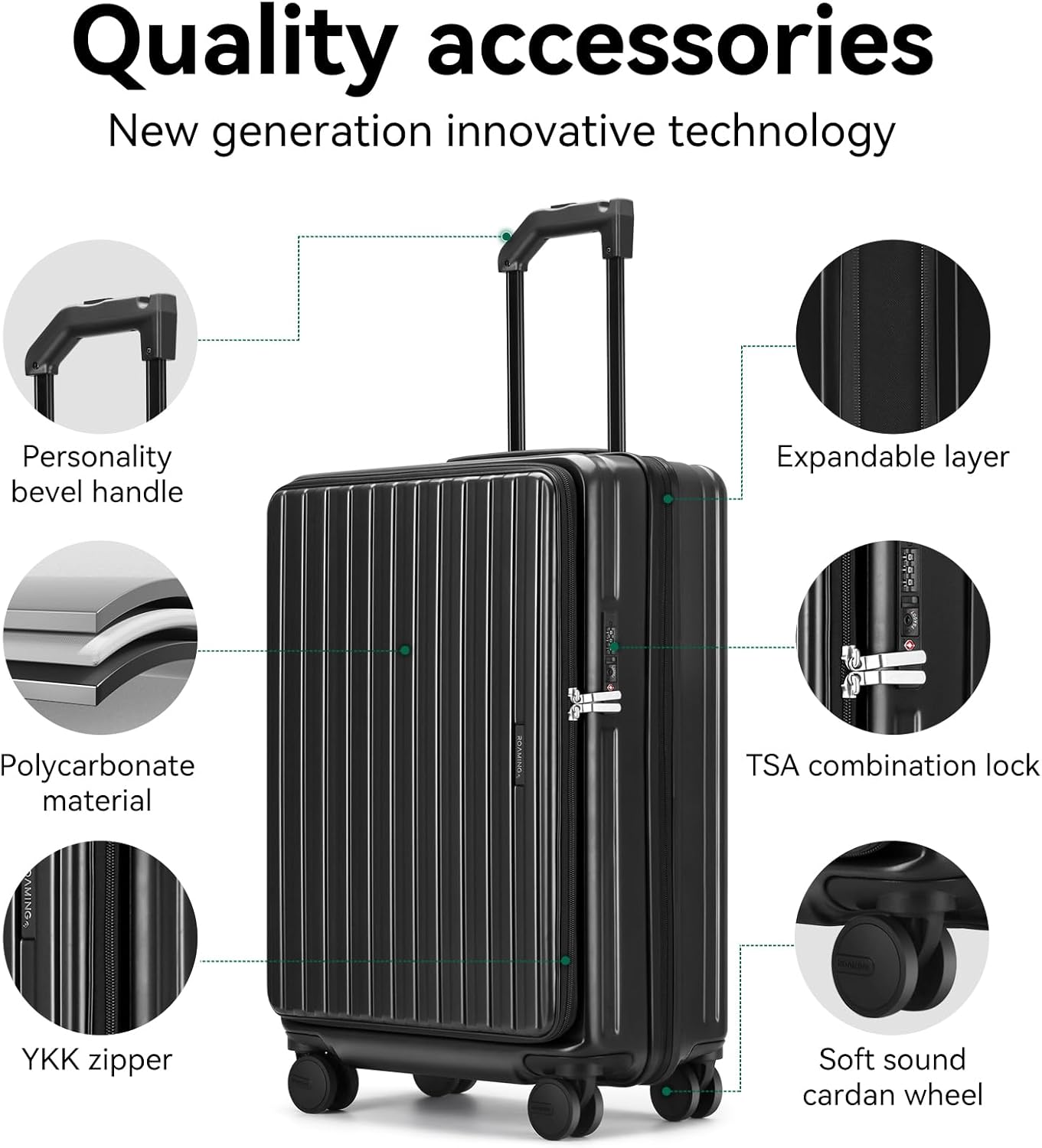 ROAMING 20 Inch Carry On Luggage Hard Shell Suitcases with Wheels Cup Holder Tsa Approved Luggage Suitcase Travel Luggage for Women Men Rolling Luggage Bags for Business Trip Weekender-Black - Image 3