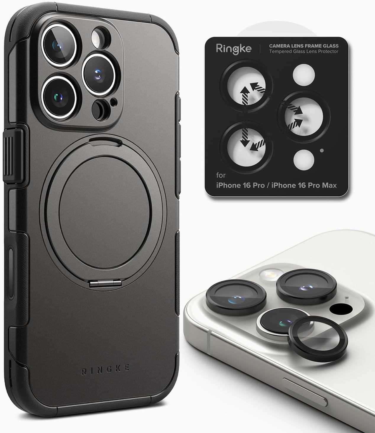 Ringke Alles Compatible with iPhone 16 Pro [Gun Metal] + Camera Lens Frame Glass Compatible with iPhone 16 Pro [2 Pack]