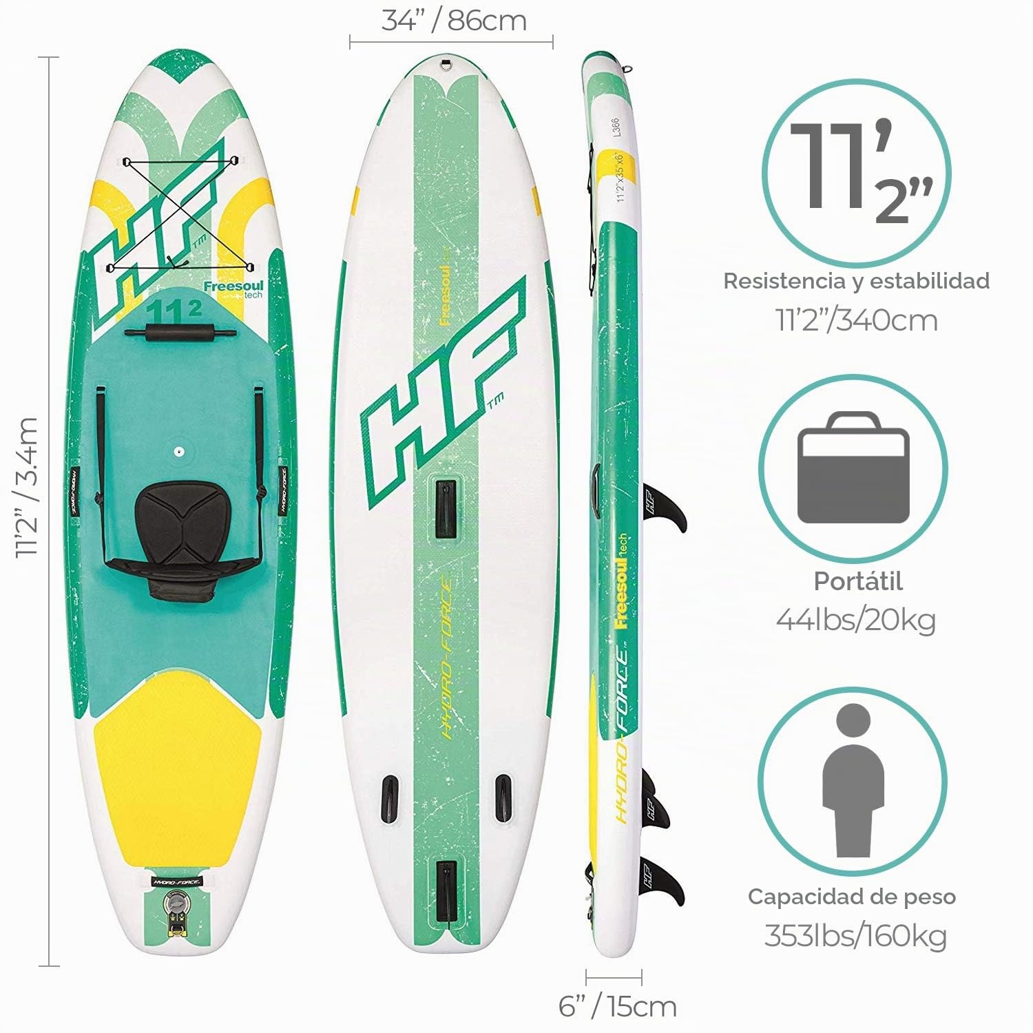 Bestway 65310 - Tabla Paddle Surf Hinchable Hydro-Force Freesoul Tech 340 x 89 x 15 cm con Remo, Asiento, Bomba y Bolsa