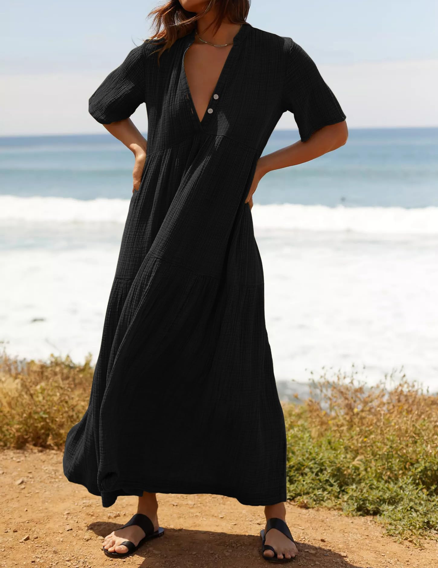 R.Vivimos Vestito Estivo A Maniche Corte con Scollo A V delle Donne Vestito Lungo da Spiaggia Casual Maxi Abito(M,Nero)
