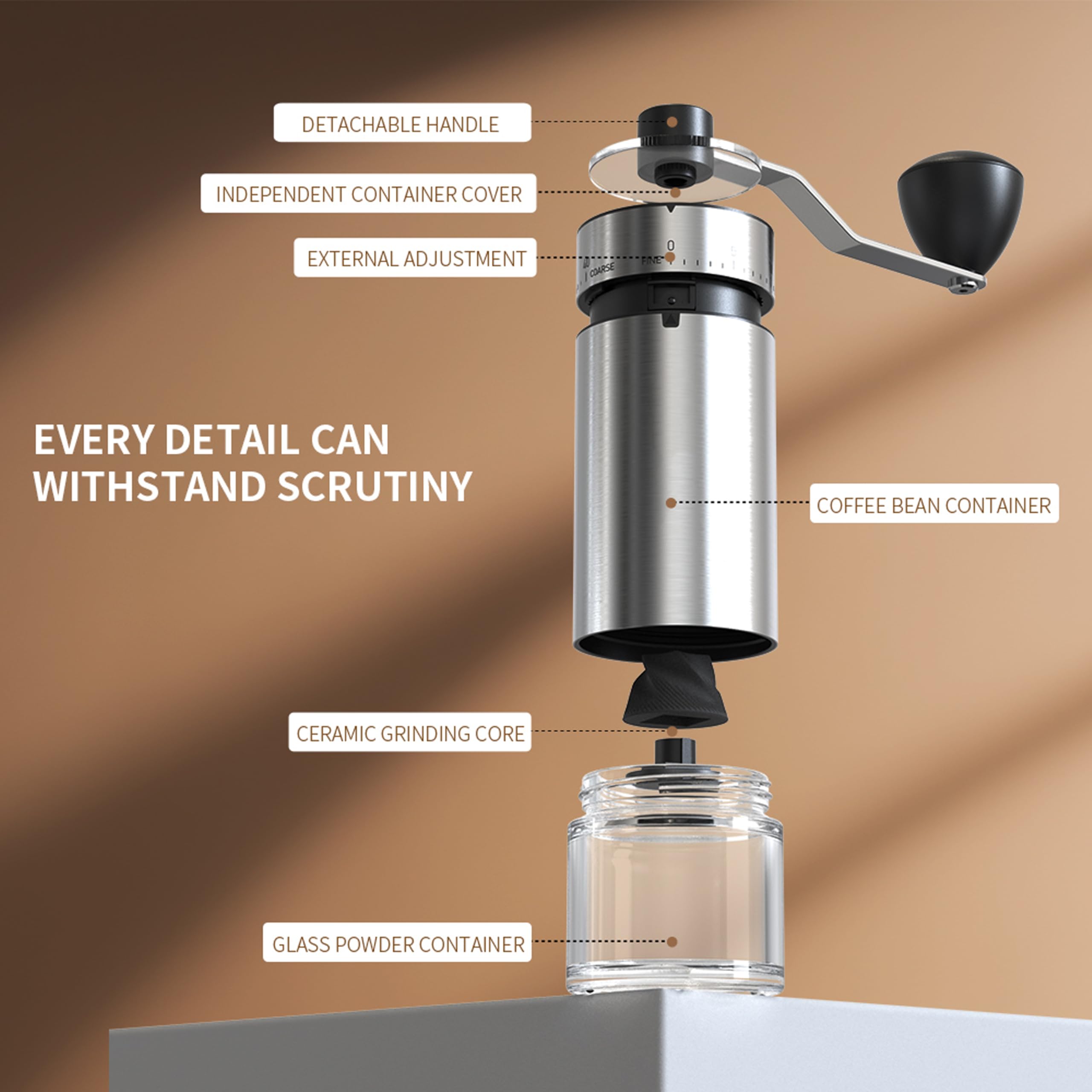 Macinacaffè portatile a forma conica per espresso e francese, con doppio cuscinetto, capacità di regolazione interna, 25 g (argento e ceramica)