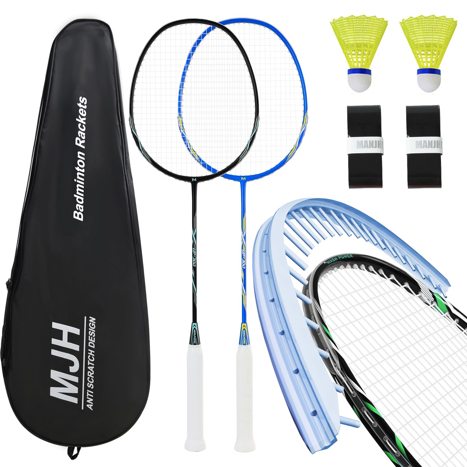 MANJHONG Graphit Badmintonschläger Set, Kratzfestes Rahmendesign, Carbon Badminton Schläger mit Tasche, Federbälle, Griffband
