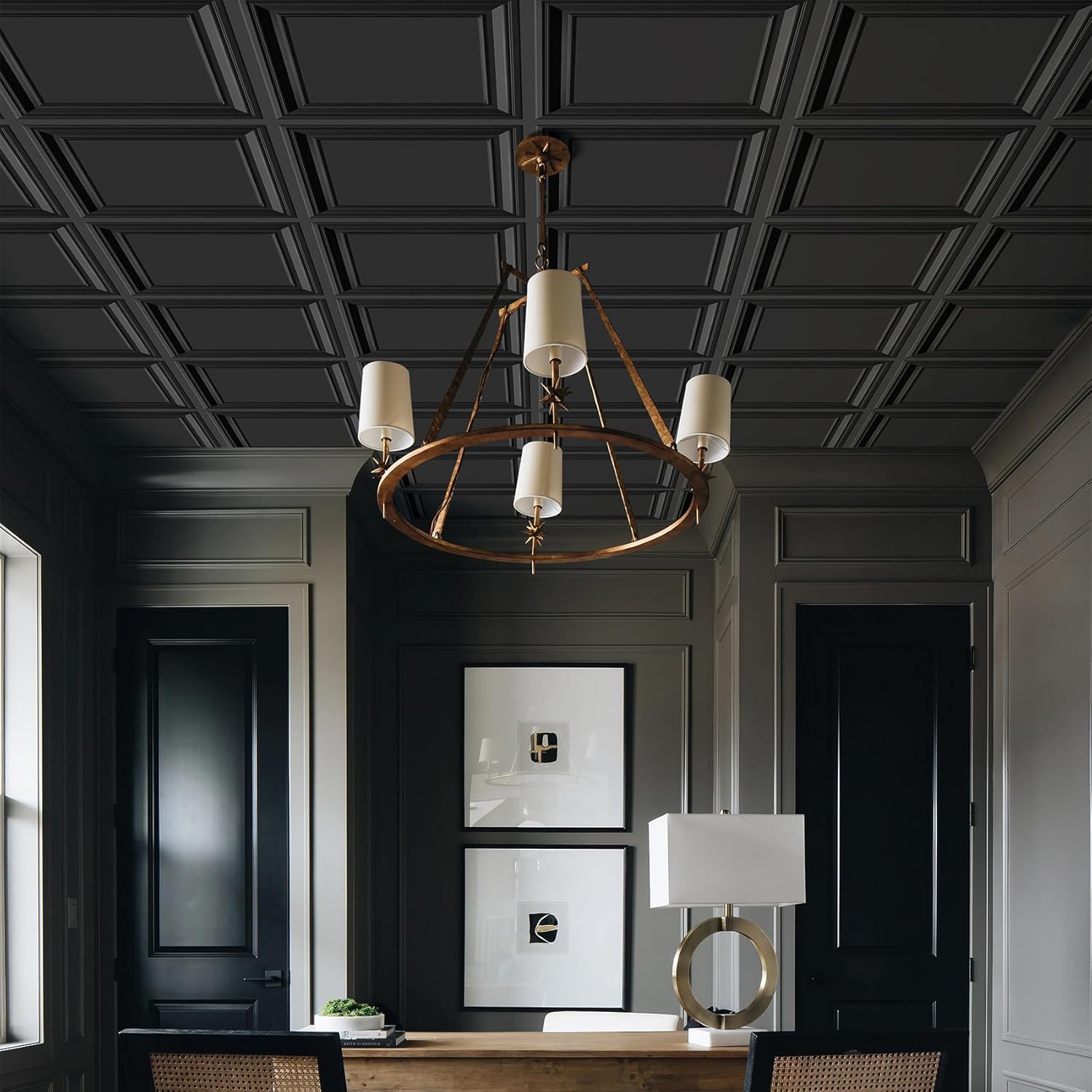 STICKGOO Drop Ceiling Tiles 24x24 PVC Glue Up Ceiling Panel to Prevent Breakage Pack of 12 Tiles Cover 48 Sq. Ft, Black