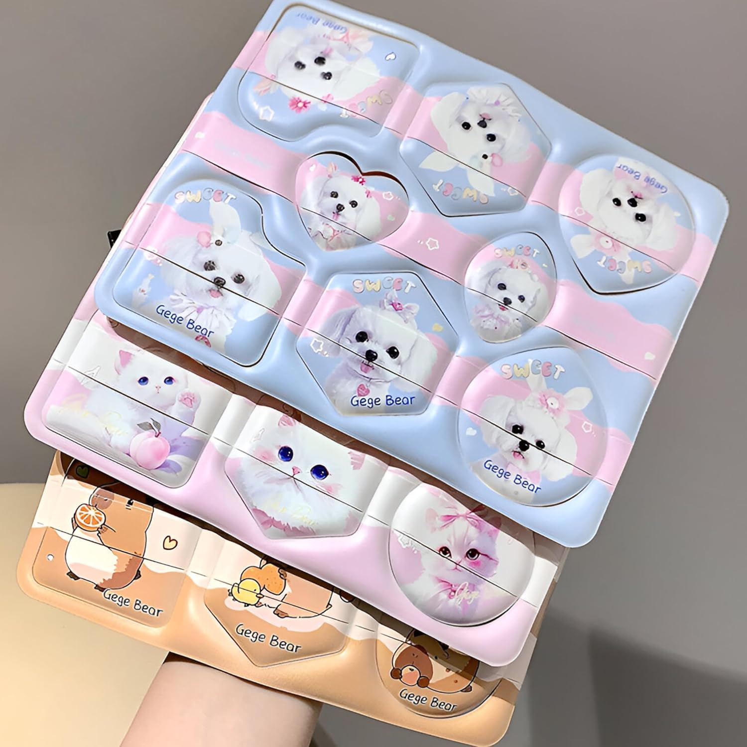 Gege Bear Powder Puff for Face Makeup | For Loose & Pressed Powder Apply | Easy to Clean and Handle | Reusable Washable Makeup Puffs with strap | Heart Circle Hexagon Shaped Applicators | Perfect for Setting Powder Foundation Blush Application | Choose from Cute Kapibala Kitten or Dog Design (02# Cute Kitten, 8pcs)-image-33