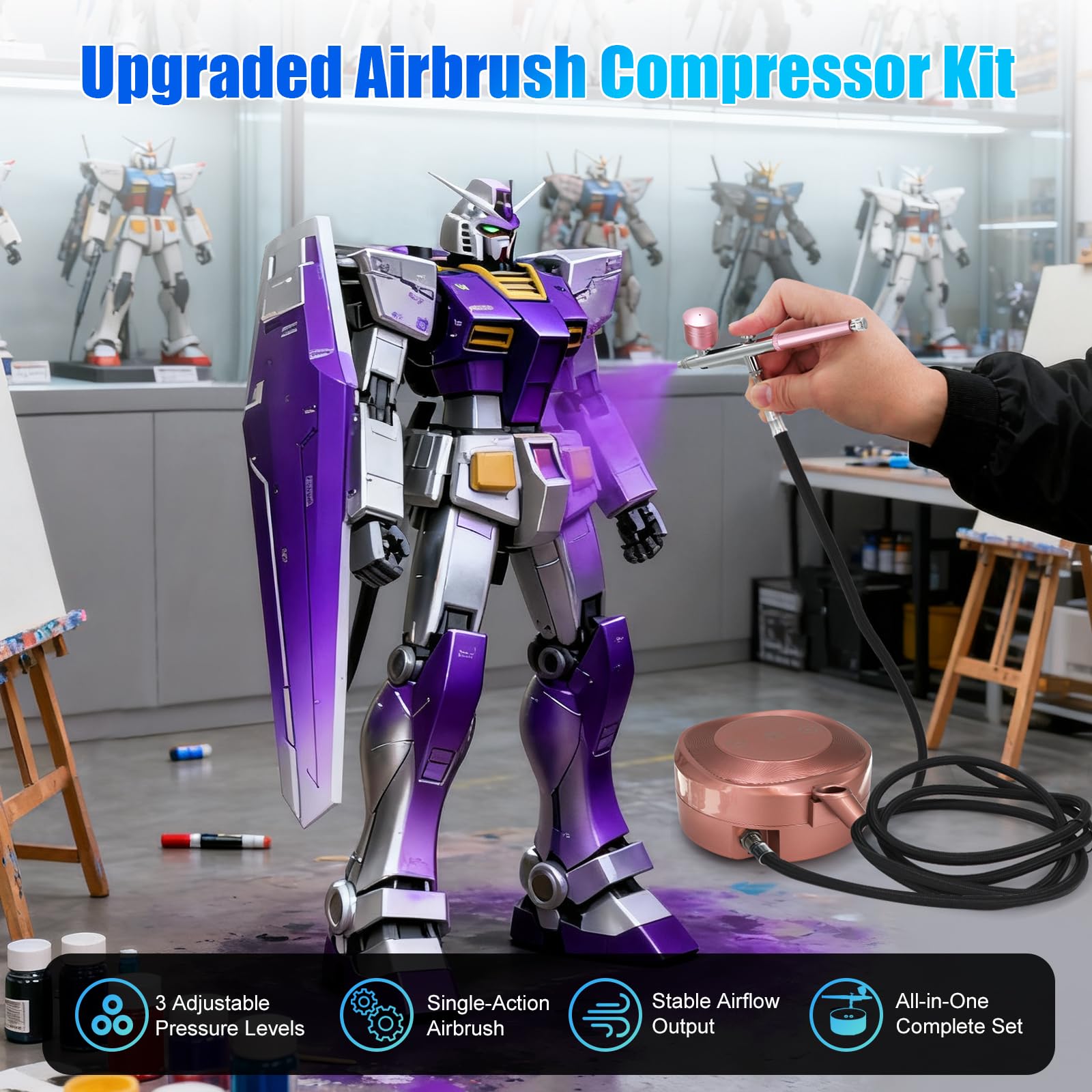 Kit de Aerógrafo Profesional con Compresor, Presión Ajustable 28/38/48 PSI, Boquillas 0.2/0.3/0.5 mm, Ideal para Uñas, Maquillaje, Pasteles, Tatuajes, Modelismo y Arte DIY (Rosa)