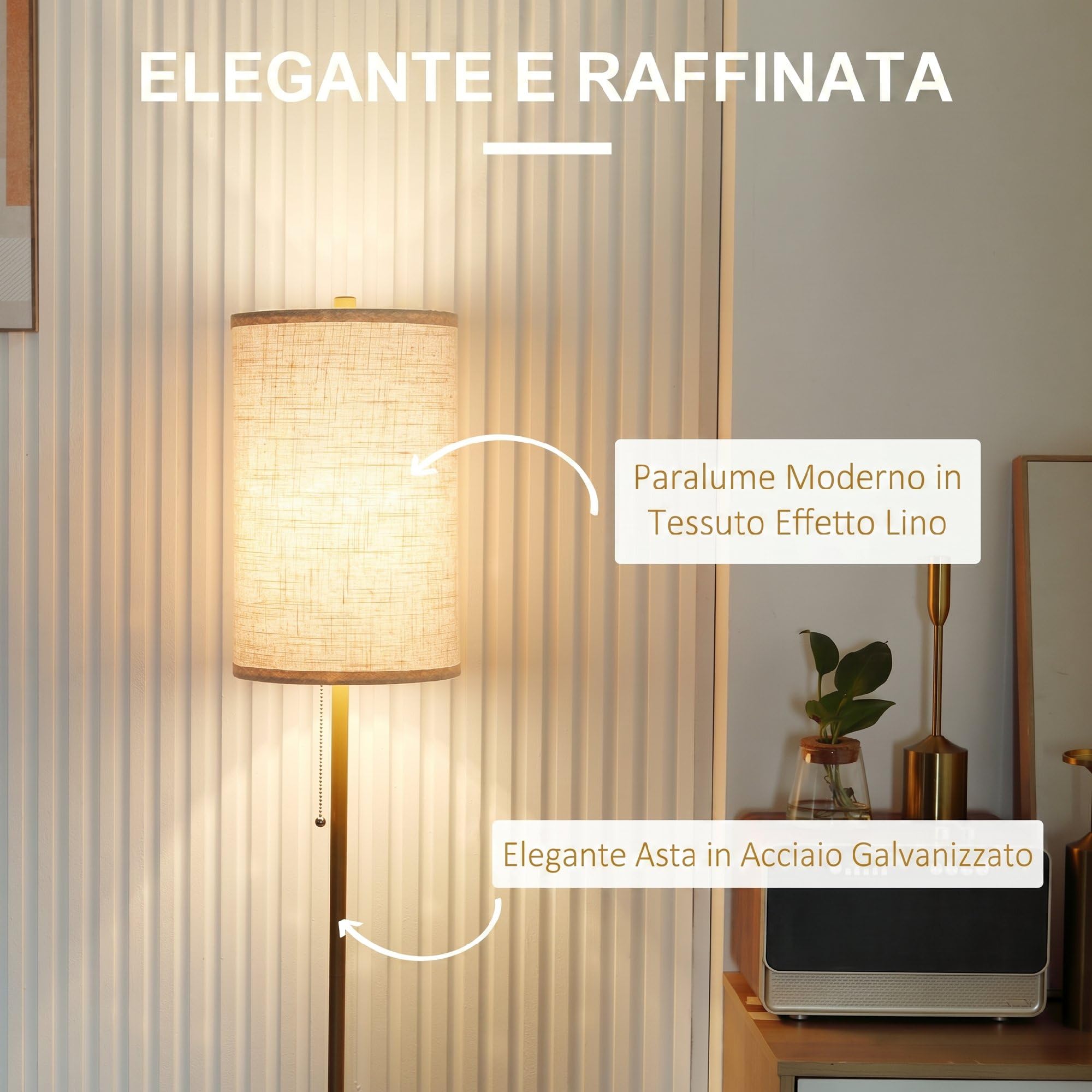 HOMCOM Lampada da Terra con Interruttore a Catena Attacco E27 Oro e Crema | Lampada da Pavimento, Paralume in Lino, Base in Acciaio, per Soggiorno e Camera