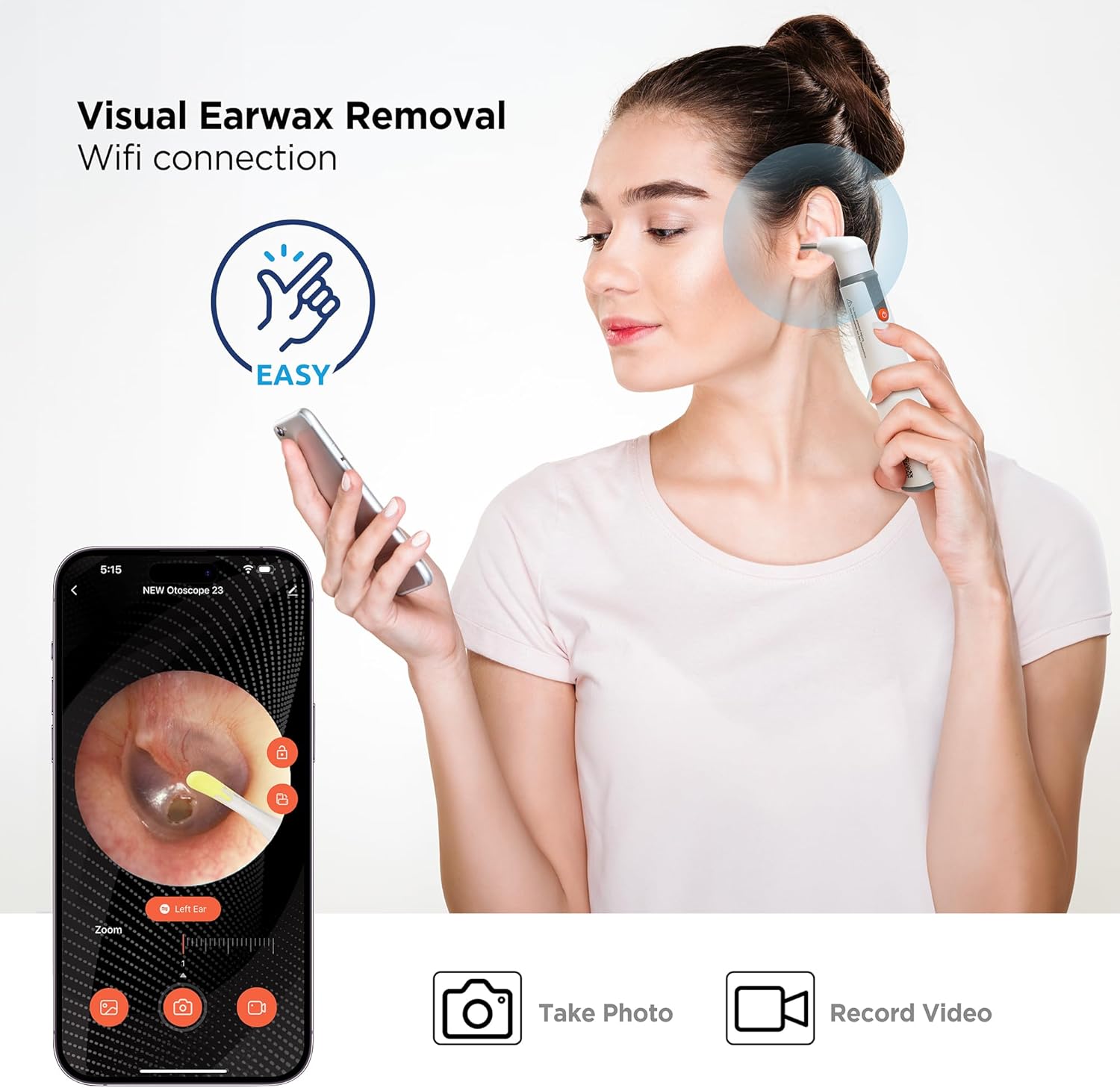 Person using MOBI Smart Otoscope for visual earwax removal with a smartphone