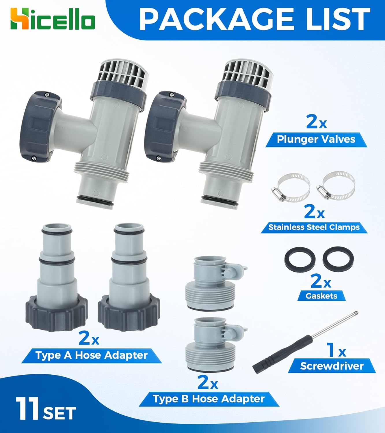 Pool Hose Adapter with Plunger Valve Kit – 2× Type A & 2× Type B Connectors, 2 Stainless Steel Clamps, 2 Gaskets, 2 Plunger Valves – 1.25" to 1.5" Replacement for Intex Filters with Screwdriver