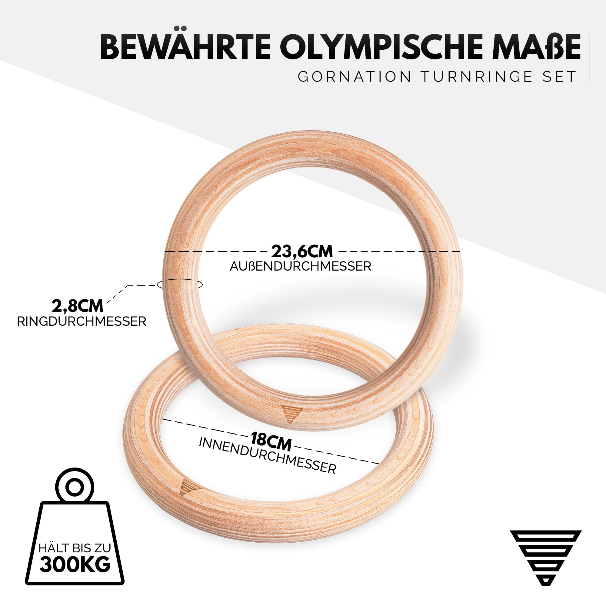 GORNATION Turnringe Holz, Gym Rings, Calisthenics Ringe, Turnen, Fitness, Olympische Gymnastikringe + Befestigungsgurte mit Markierungen & Tasche für Indoor & Outdoor Training