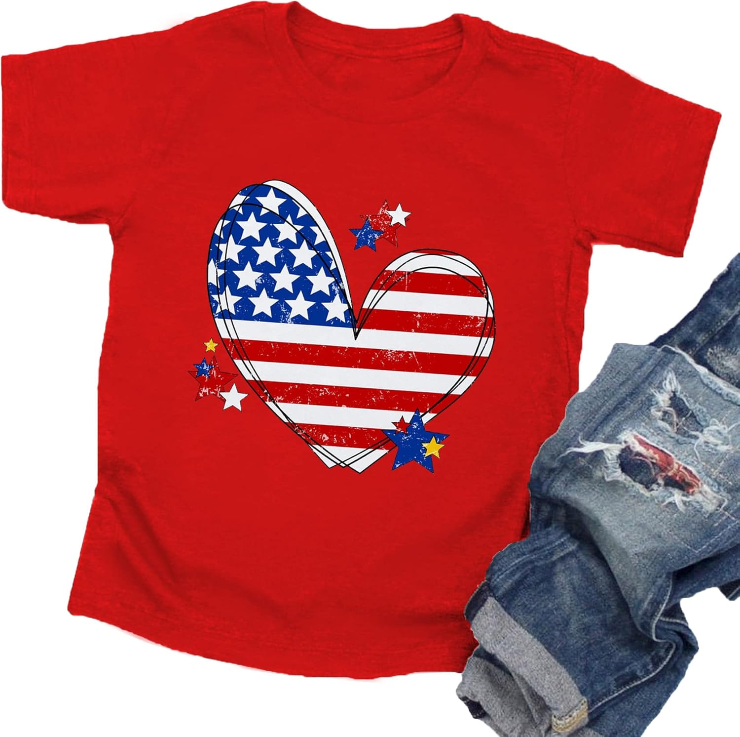 Camisa con bandera americana para niños y niñas, diseño de corazón con bandera de Estados Unidos, camiseta patriótica del 4 de julio