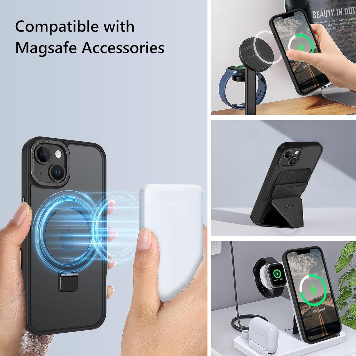 Telaso Magnetic for iPhone 14/iPhone 13 Case, Compatible with Magsafe with Magnetic Stand Ring Holder, Translucent Matte Back TPU Bumper Military Grade Protective Case for iPhone 14/iPhone 13, Black - Image 2