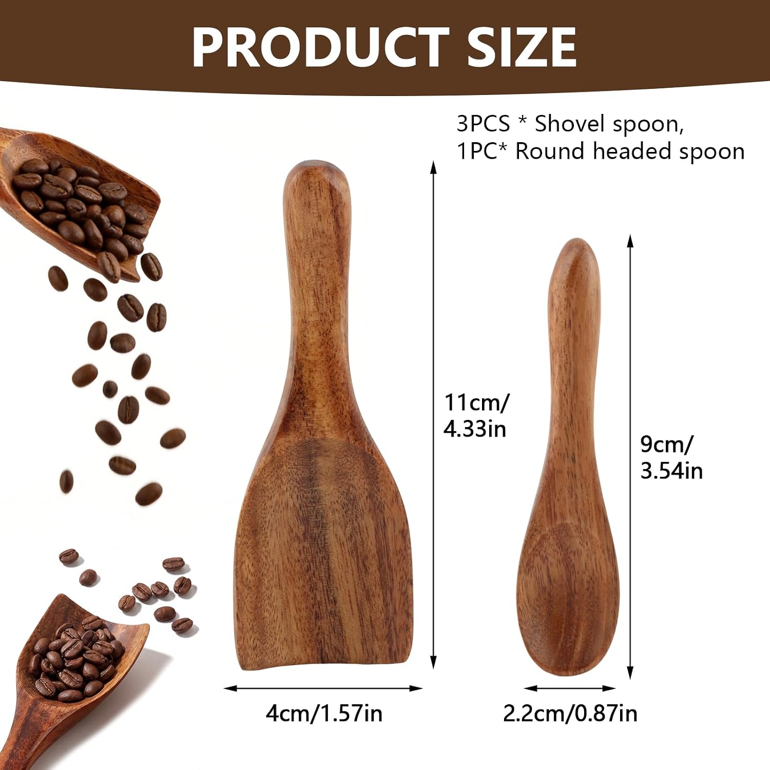Wooden Coffee Scoops, ​4-Piece Wooden Scoop for Canisters, Ground Coffee, Tea and Sugar, Handmade Wood Scoop with 3 Fat Shovel Scoops and 1 Round Head Spoon