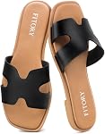 FITORY Women's H-Band Flat Slide Sandals, Square Open Toe | Summer Ladies Comfort Cushioned Slip On, Elegant Leather Shoes for Beach Casual Dressy Vacation