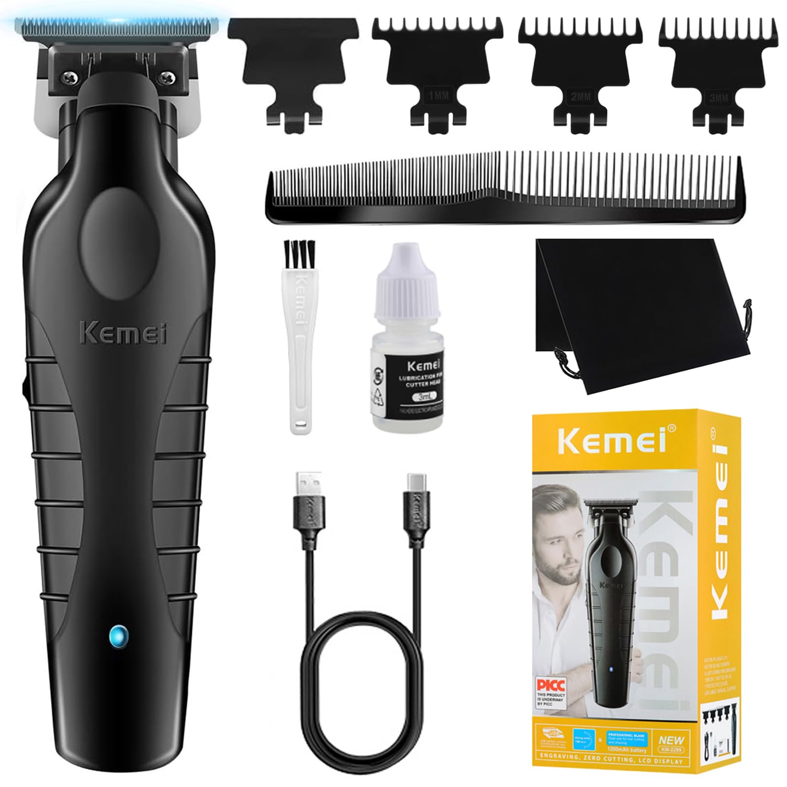 KEMEI 2299 Professional Hair Clipper for Men, Cordless Barber Trimmer, Electric T-Blade Zero Gap Trimmer, Rechargeable Wireless Haircut Machine for Family & Barbers