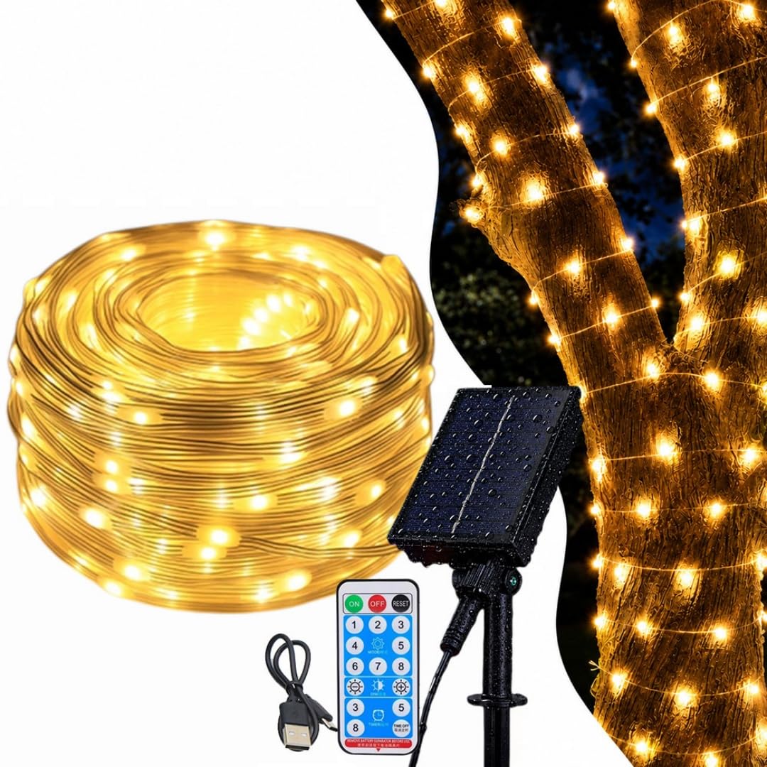 Catena Luminosa Solare, LED Luci Solari Esterno 8 Modalità IP65 Impermeabile Luci Stringa Solare Decorazioni per Barbecue Festa Giardino, telecomando e USB (A Bianco caldo,102m 800 LEDs)