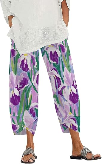 Boho Floral Dressy Casual Lightweight Capri Pants for Women Elastic High Waist Summer Beach Pants