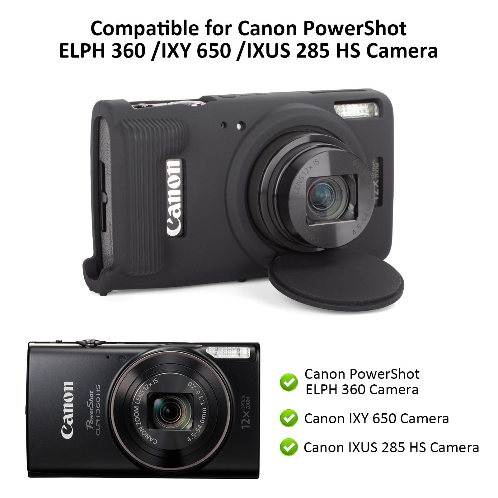 Rieibi Custodia per fotocamera Canon Canon IXUS 285 HS, accessori per fotocamera Canon IXUS 285 HS con 2 pellicole protettive per schermo e copriobiettivo staccabile, Leggero e pratico, Nero