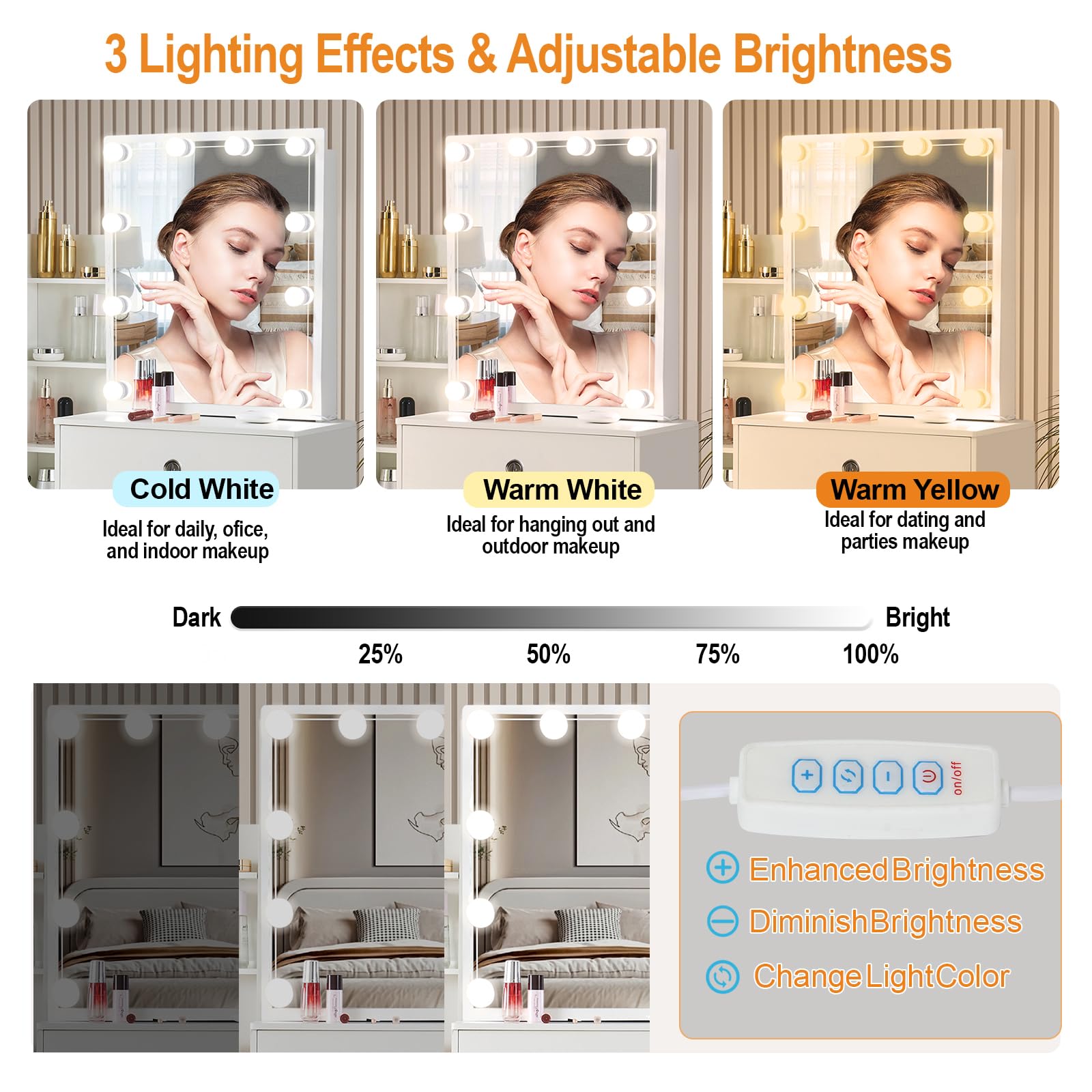 Toeletta da Trucco con Luci LED Hollywood, Tavolo da Trucco con Specchio e Sgabello, Tavolo da Trucco con 6 Cassetti e 6 Ripiani, Postazione Make-up Moderna 80x36x131cm