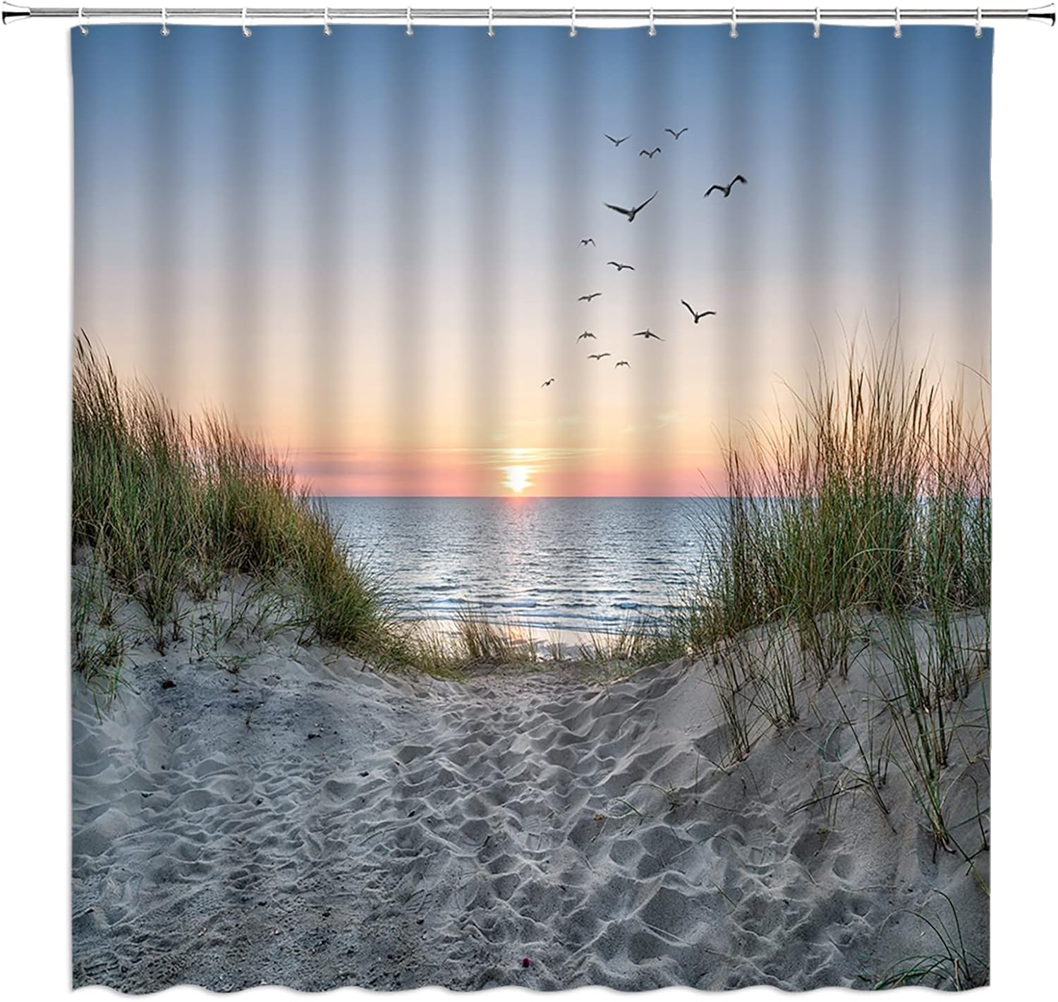 Beach Shower Curtain Tropical Ocean Coastal Green Leaves Natural Scenery Peaceful Hawaii Seaside Summer Sea Fabric Bathroom Decor with Hooks（70" Wx84 H）