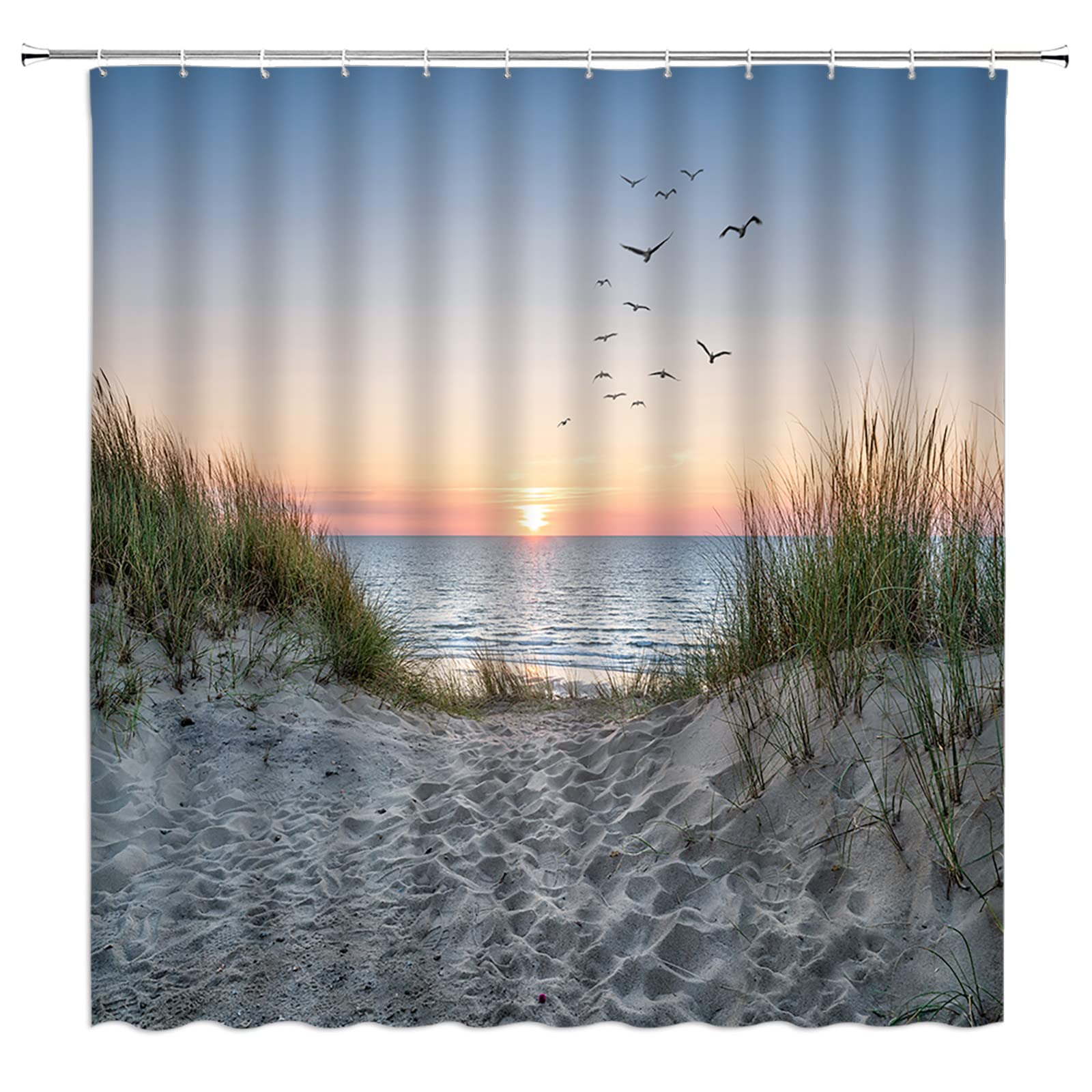KTGHA Beach Shower Curtain Tropical Ocean Coastal Green Leaves Natural Scenery Peaceful Hawaii Seaside Summer Sea Fabric Bathroom Decor with Hooks（84"