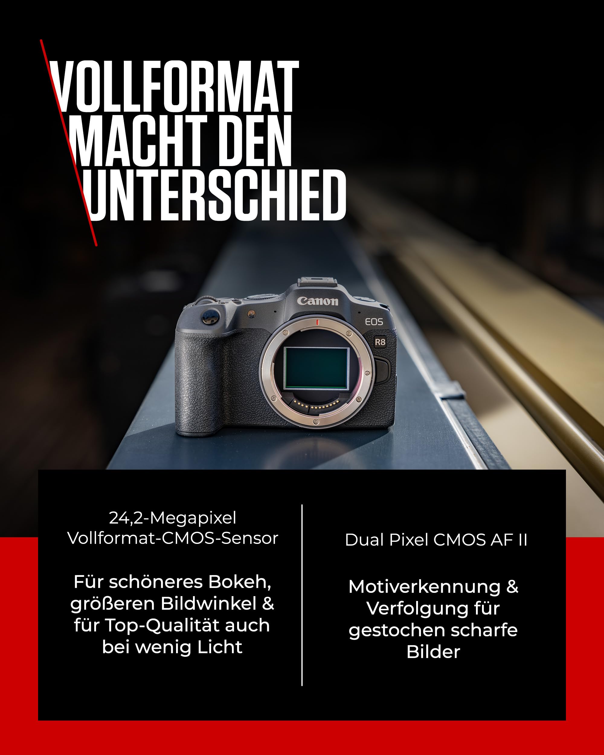 Canon EOS R8 Gehäuse 24,2 MP Vollformat-Systemkamera Dual Pixel CMOS AF II 4K 60p 40 B/s Touchdisplay WLAN Bluetooth USB-C