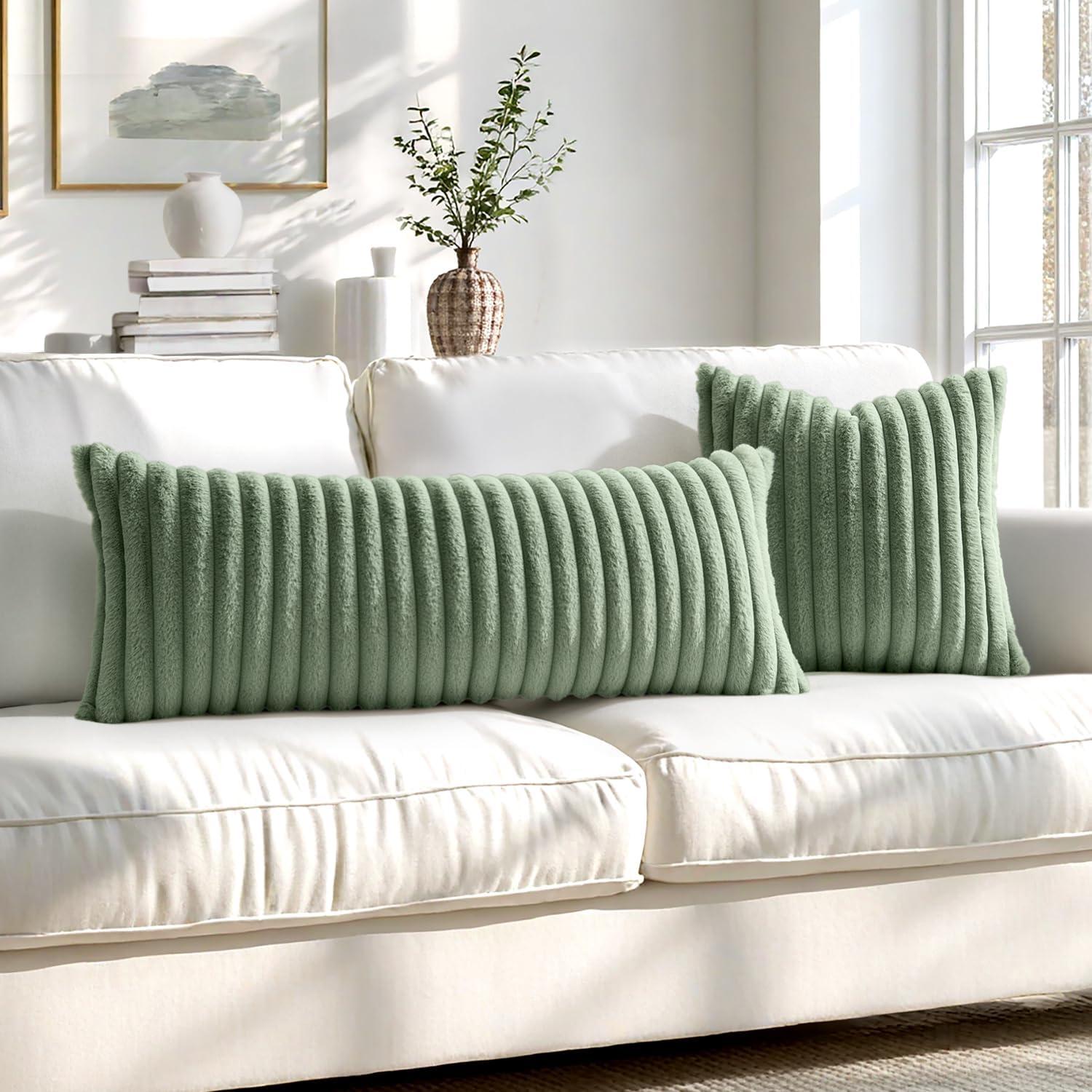 MIULEE Faux Fur Decorative Throw Pillow Covers 18x18 Inch Set of 2, Modern Spring Home Decor Soft Plush Couch Pillows Cozy Fluffy Cushion Covers for Sofa Bed Sage Green - Image 7