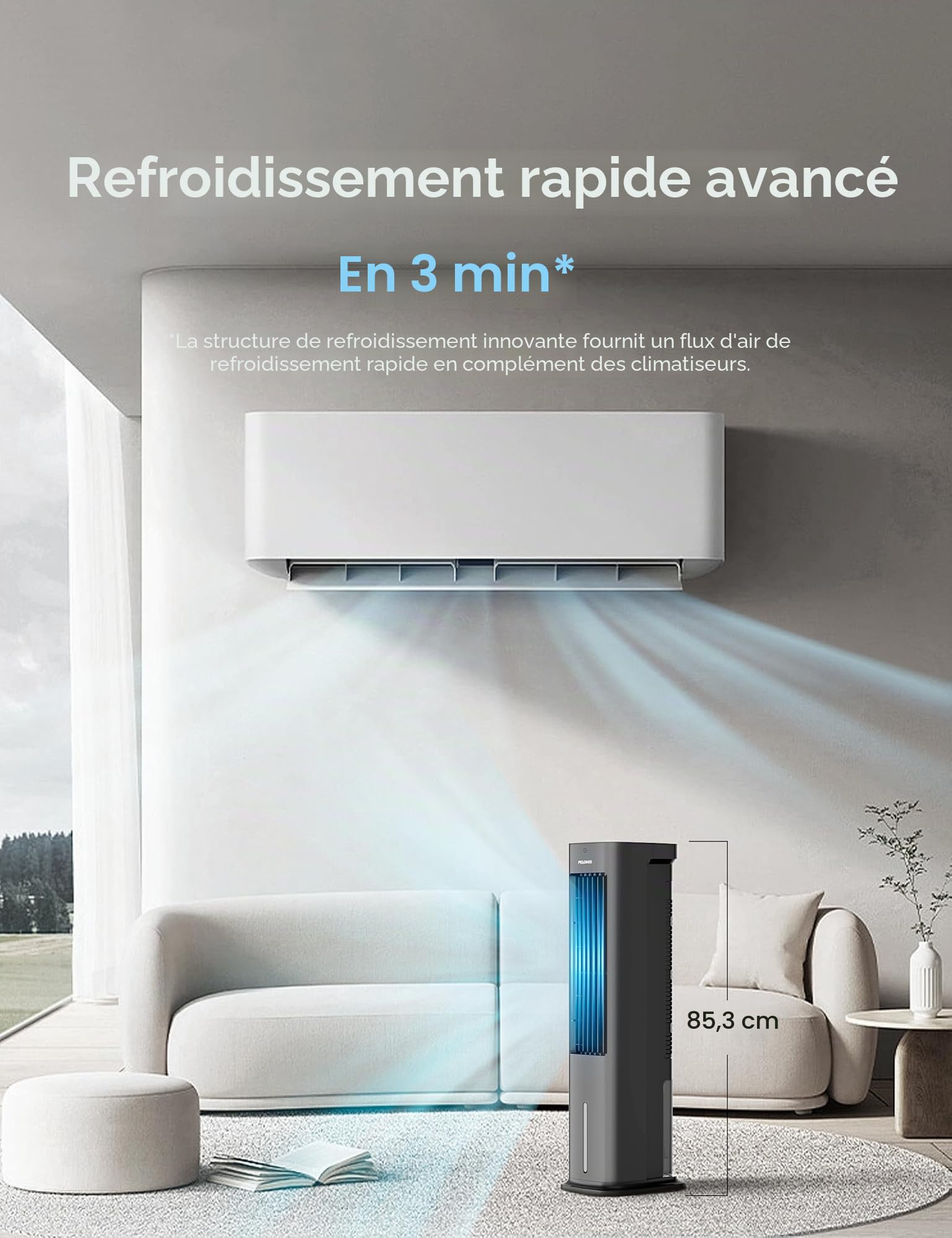 PELONIS Refroidisseur d'Air 5L avec Télécommande, 3-en-1 Portable, Ventilateur & Humidificateur, Oscillation Auto, Minuterie 7H, 2 Packs de Refroidissement