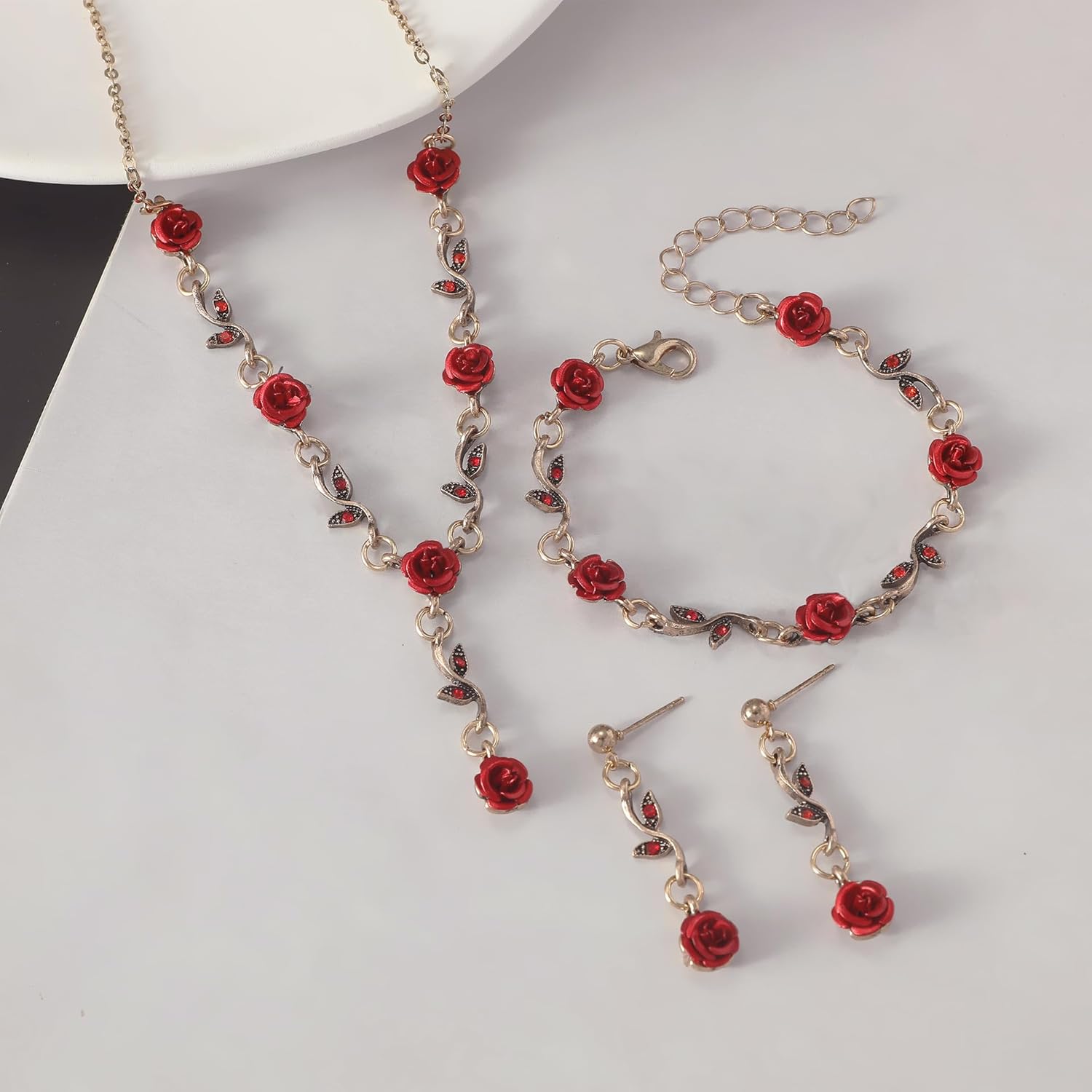 ONLYJUMP 3Pcs Red Rose Jewelry Set for Women Vintage French Flower Pendant Necklace Bracelet Dangle Earrings Alloy Enamel Accessory for Wedding Prom Valentine's Birthday Gifts - Image 5
