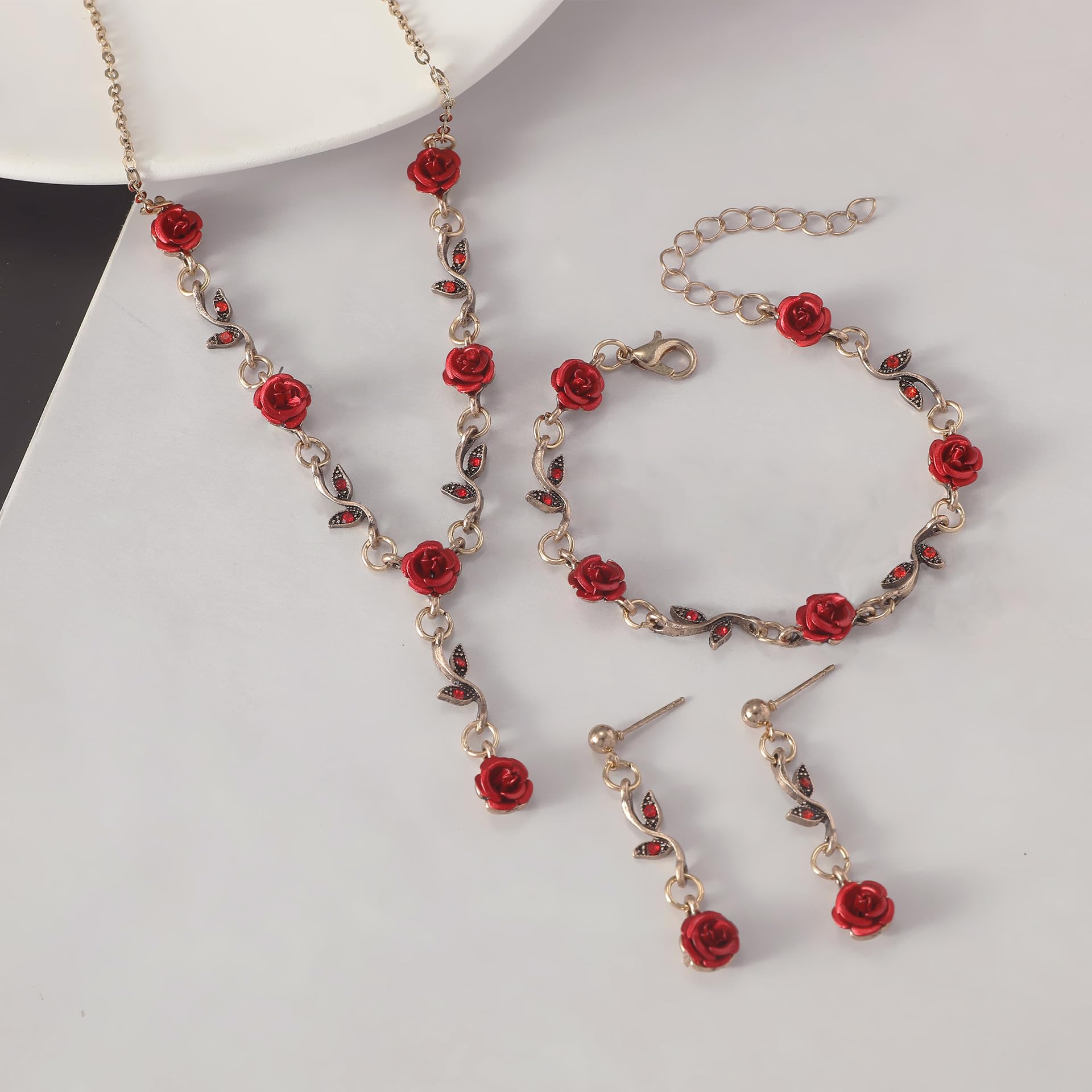 Amazon.com: 3PCS Set Red Rose Jewelry - Rose Flower Pendant  display picture 2
