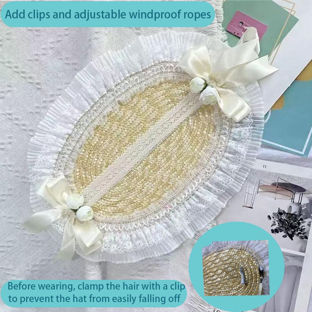 Sombrero victoriano de fiesta de té para mujer, con lazos de Lolita, sombreros de paja planos para mujer, sombrero de ala ancha con cordón de viento, color champán, Mediana 2