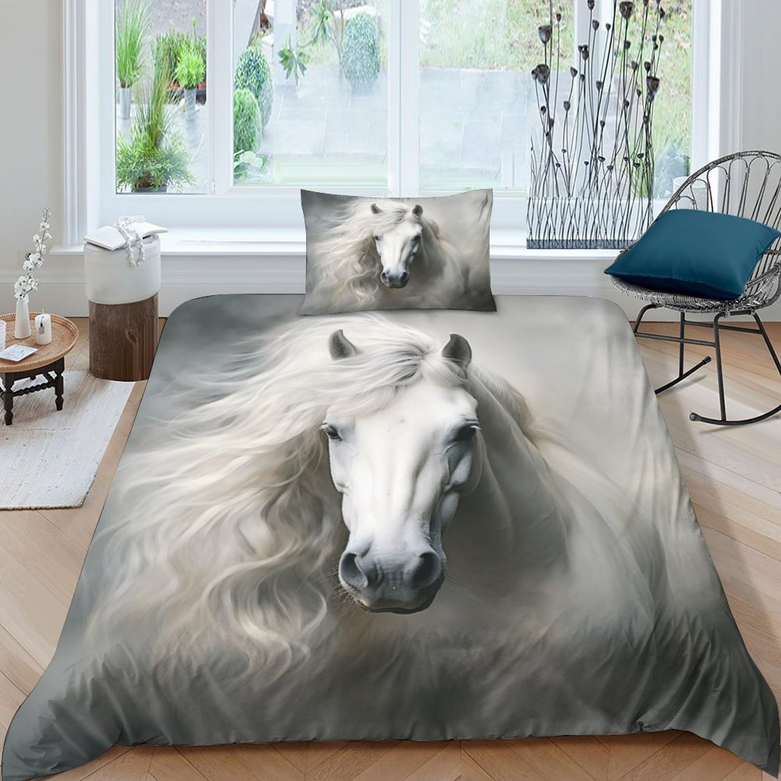 OPSREY Prancing Horse Duvet Cover Set Soft Microfiber Bedding Set Breathable Horse Quilt Cover with Hidden Zipper Closure And Comforter Cover Sheet Pillowcase Single（135x200cm）