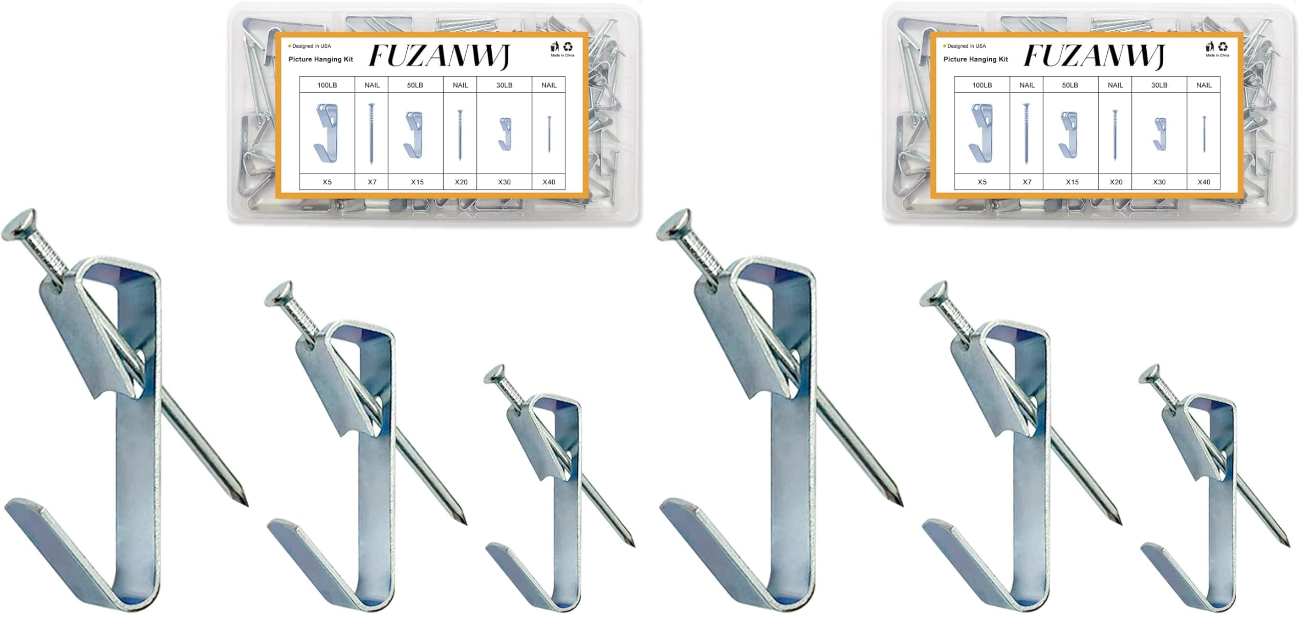 117Pcs Picture Hangers, 3 Size Picture Hooks Including 30/50/100lbs, Picture Hanging Kit, Professional Plaster Picture Hanging Kit for Wooden Wall or Drywall(50 Hangers+ 67 Nails) — Amazon image 9