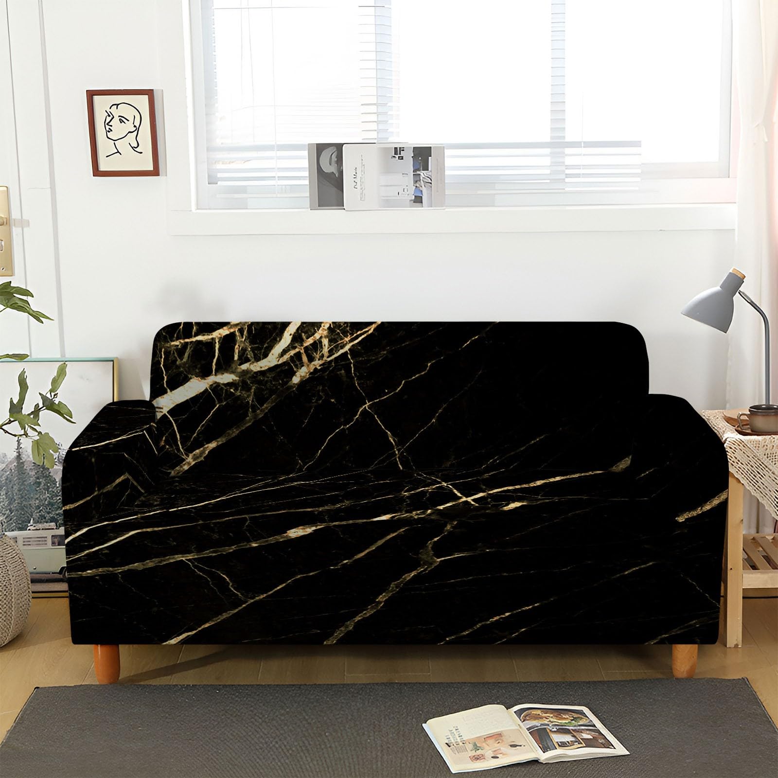 Copridivano Fodera Copridivani marmo oro nero Copridivano Elastico 1/2/3/4 Posti, Copridivano Protettore Universale Braccioli Sofa Ideale per Poltrone Mobili Copridivano