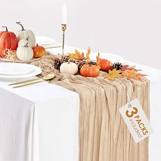 3 Pack Champagne Table Runner Boho Summer Cheesecloth Table Runner Gauze Table Cloth 120 inches Long Table Decor for Wedding Engagement Party Baby Shower Birthday Decor