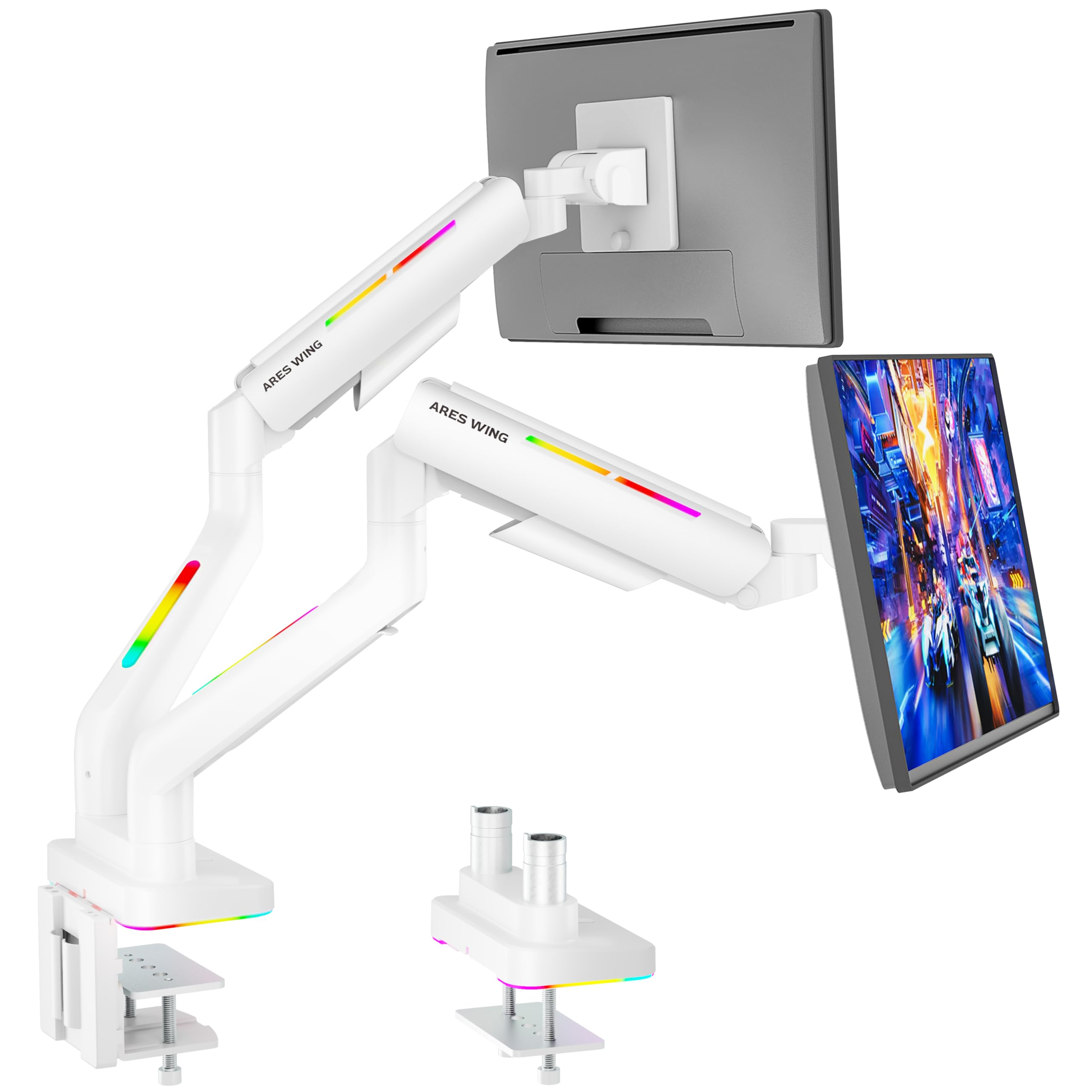 ARES WING Supporto per monitor da gioco RGB da 17 – 49 pollici/supporto per monitor pesanti (20 kg) e curvo, braccio regolabile in altezza, per gamer designato, nero