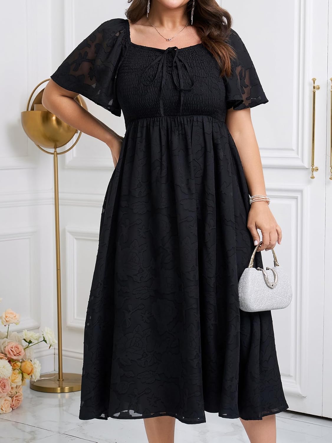 SCOMCHIC Women's Plus Size Formal Dresses Square Neck Short Sleeve Lace Floral Smocked Flowy Long Maxi Wedding Guest Dress - Image 5