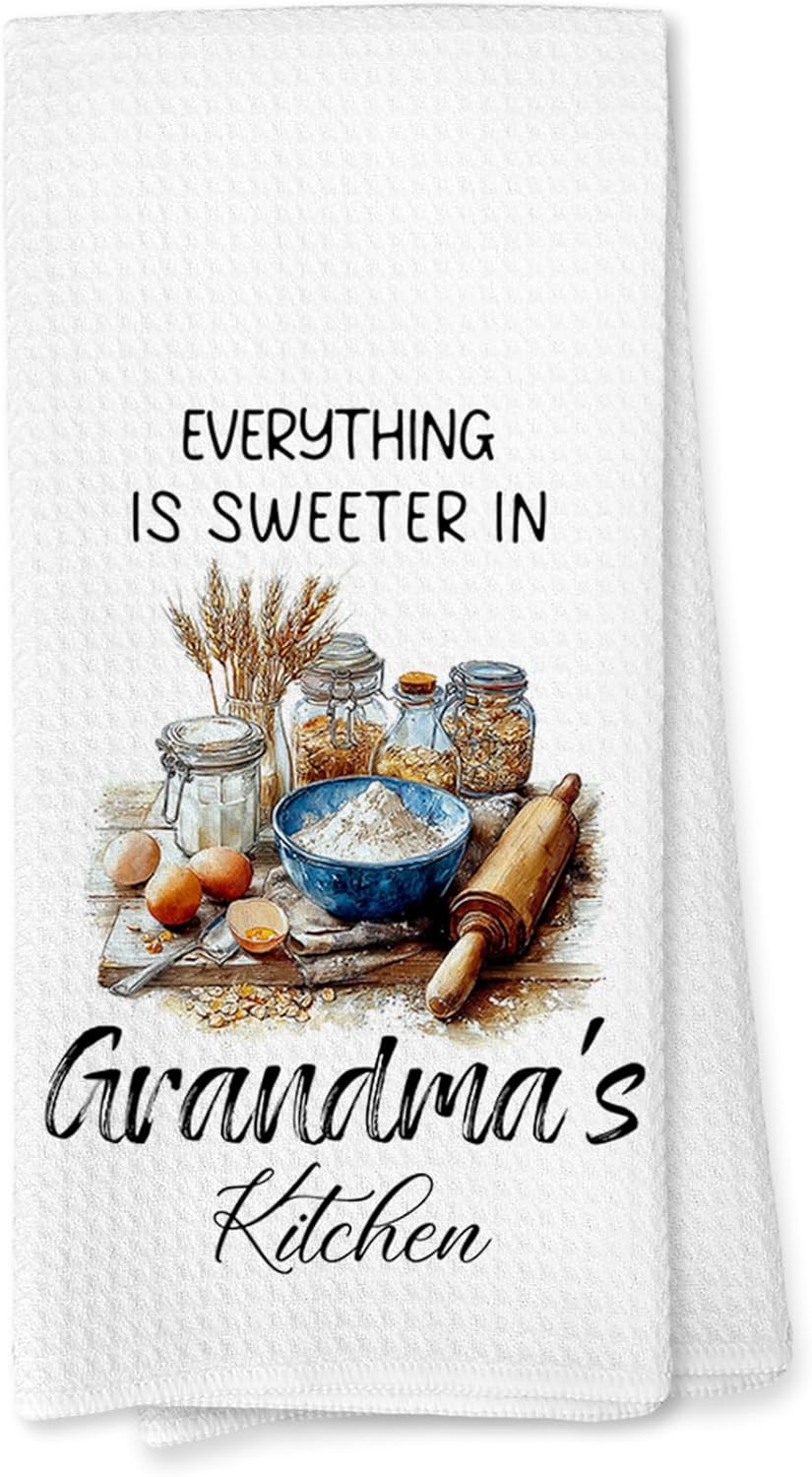 Voatok Grandma Kitchen Towels, Grandma Gifts for Christmas Birthday from Grandkids Hand Towels, Best Grandmother Gifts from Granddaughters Grandsons Dish Tea Towels for Kitchen, 16x24 Inches