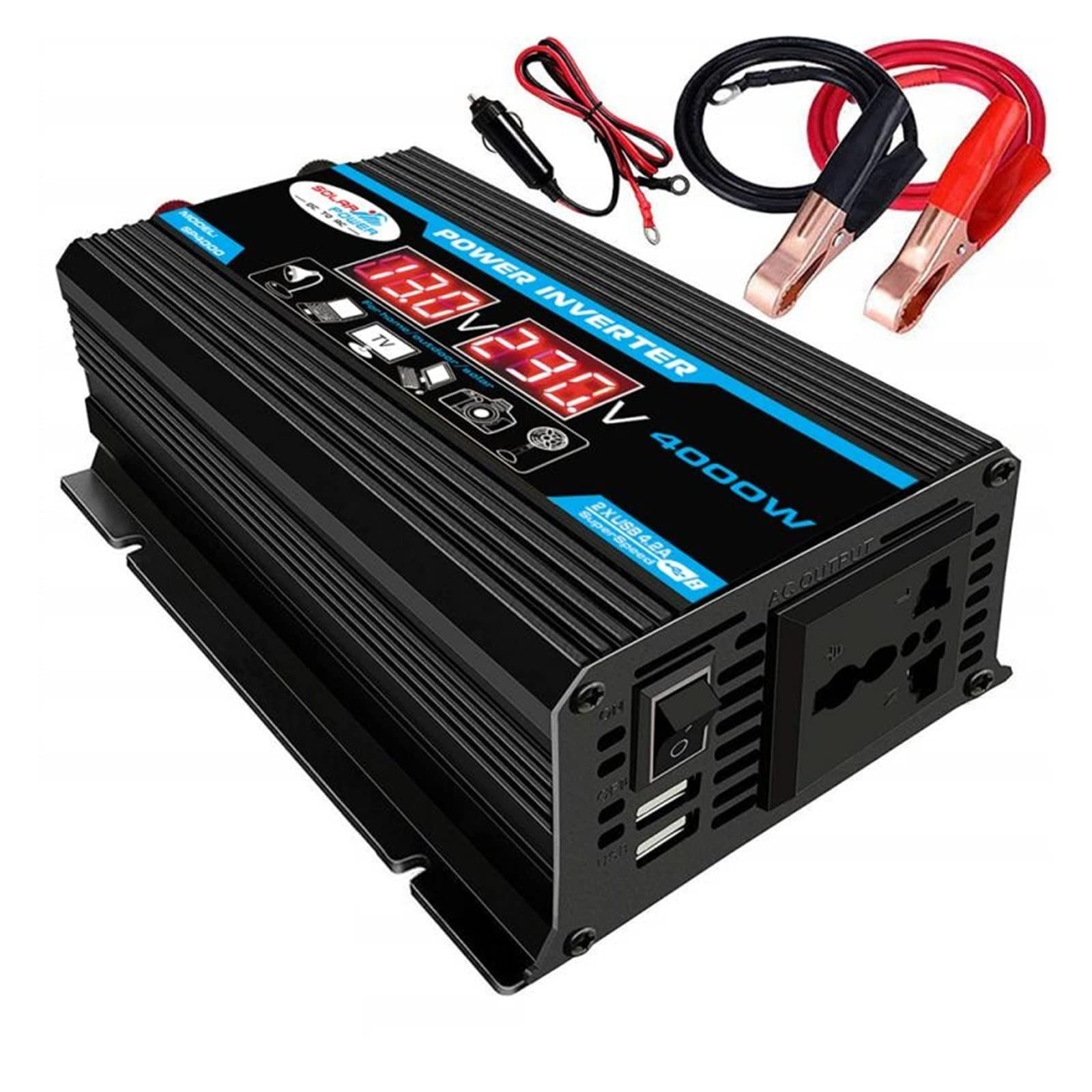 Onduleur solaire de voiture 4000W convertisseur 12V 220V adaptateur transformateur LCD