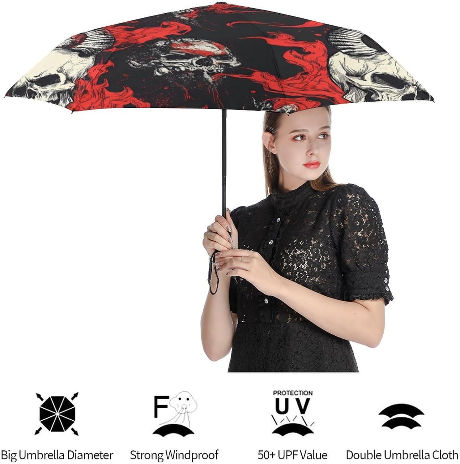 Evil Demon Skull with Flames Outdoor Sun Umbrella Compact Travel Folding Umbrellas for Rain image 4