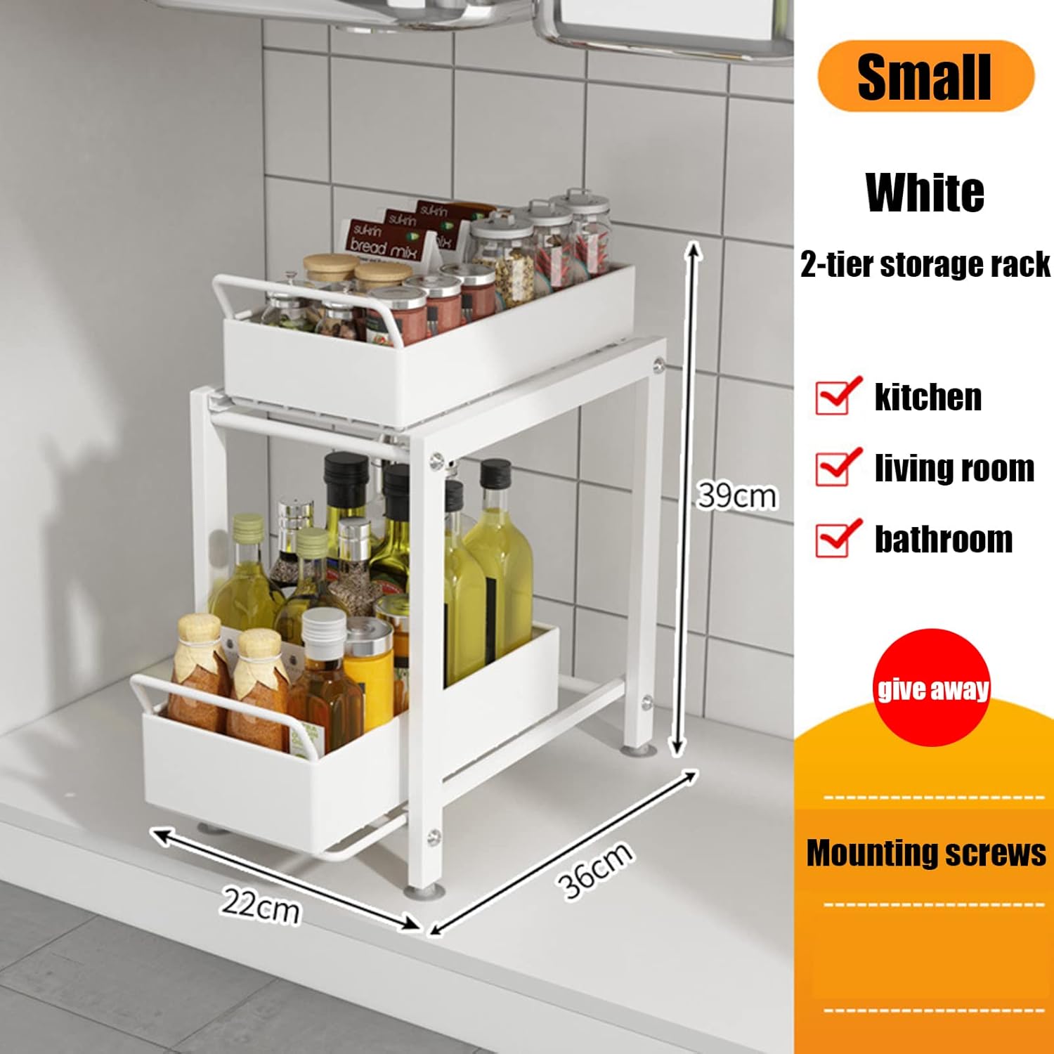 Cabinet Under Sink Organization, 2-Layer Pull-Out Non-Slip Storage Rack, Kitchen Spice Bathroom Toiletries Storage Organization(Size:28 * 36 * 39,Color:White) (White 22 * 36 * 39)