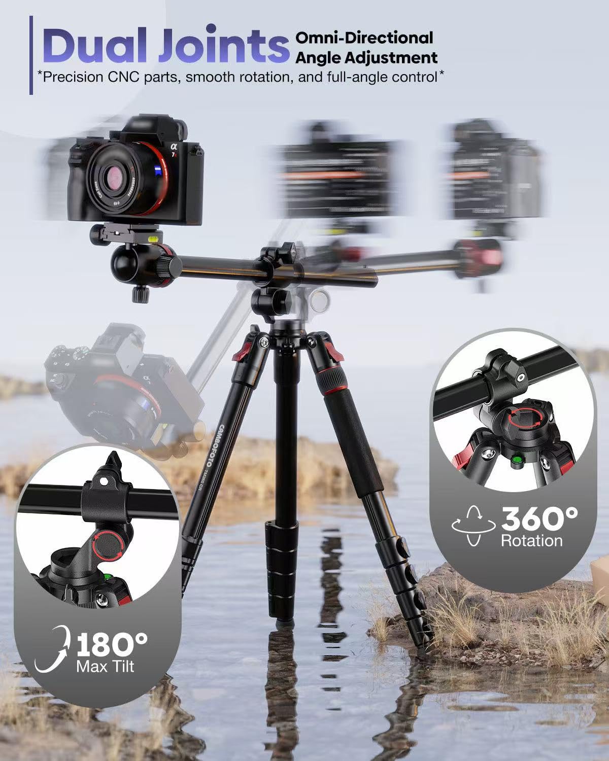 Treppiede orizzontale da 68 pollici per fotocamera, treppiede in alluminio con testa a sfera per riprese macro e in testa, monopiede staccabile, piastra QR Arca da 0,25 pollici, capacità di carico 15