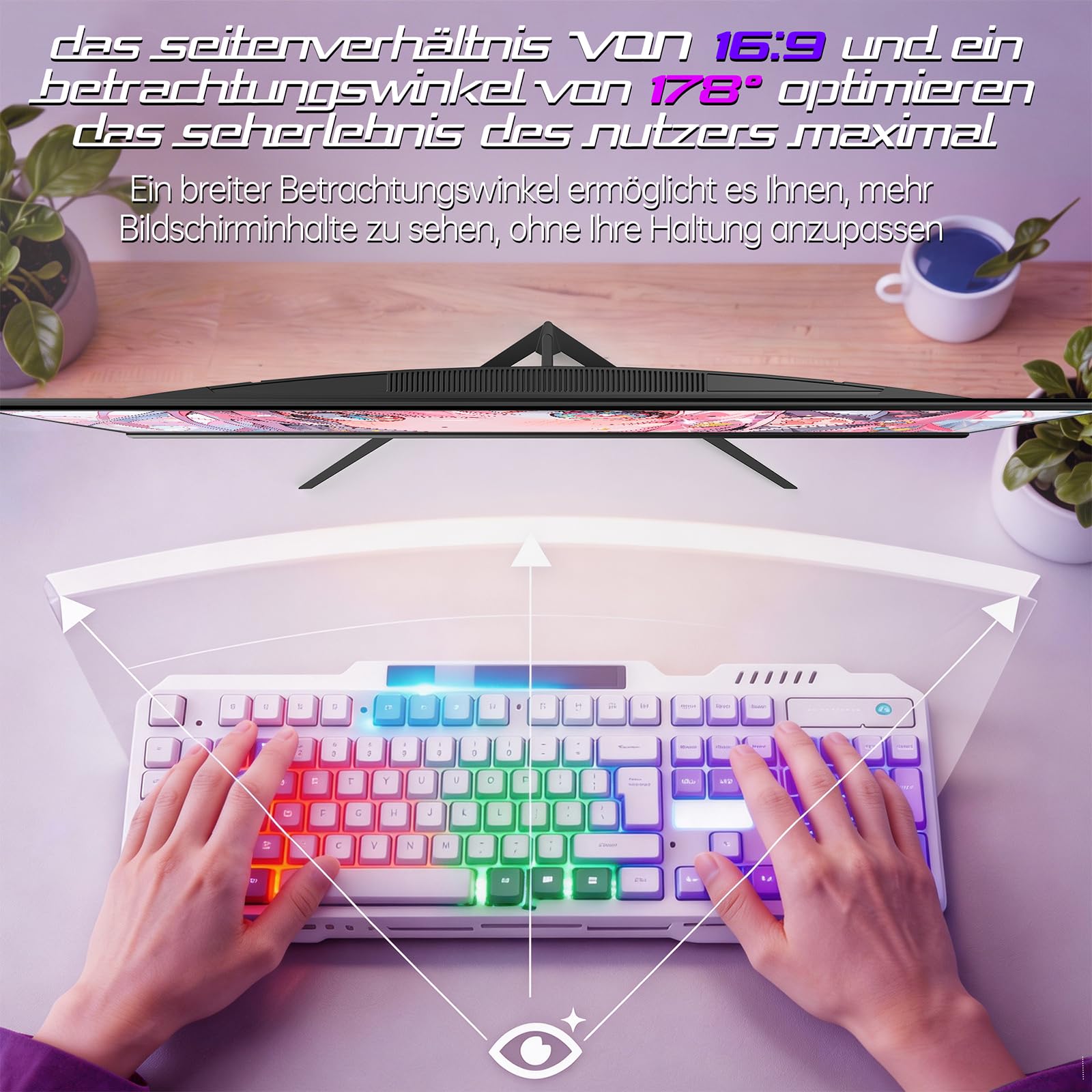32 Zoll Monitor 4K, (3840 * 2160) UHD PC Gaming Monitor, VA-Panel, 60 Hz, 4000:1, 100% sRGB, FreeSync, HDR, HDMI/DP, Wandmontage 100×100 mm, für Büro, Design & Gaming
