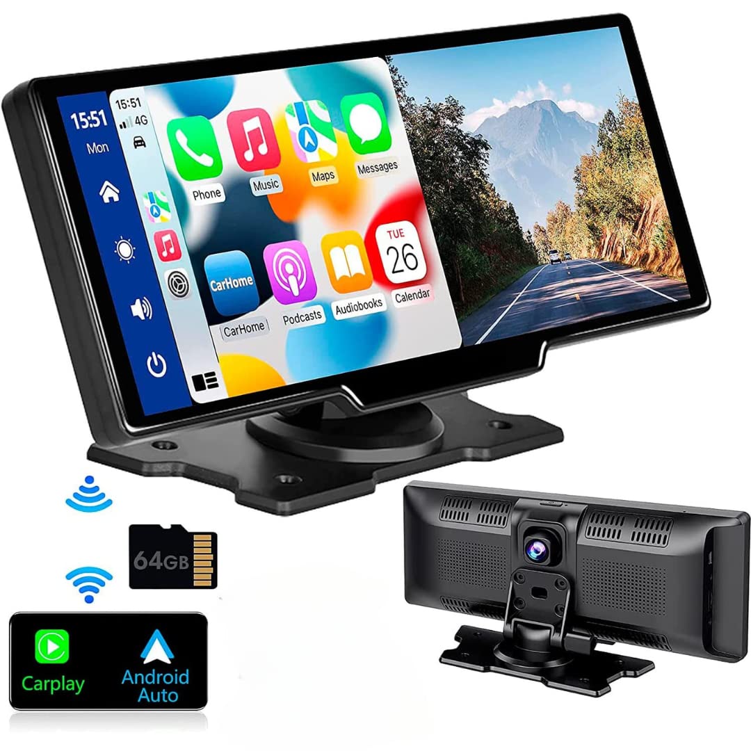 onewayby Touchscreen Car Stereo with Wireless Carplay, Android Auto, Front Dash Cam, Backup Camera, 64G (Front cam)
